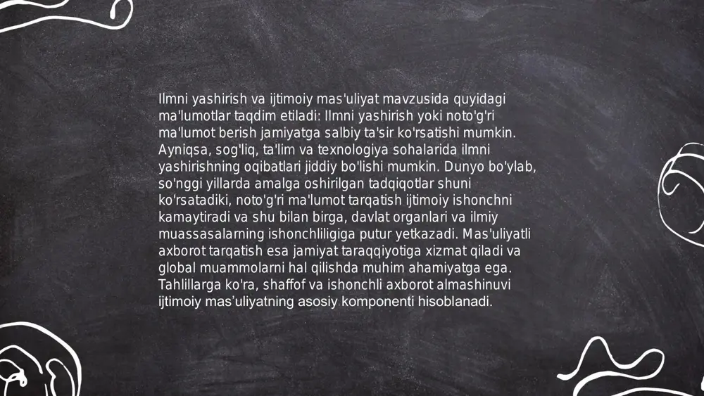 . 2019-yilda o‘zbekistonda statistik ma’lumotlarga ko‘ra, 100 mingdan ortiq maxsus ehtiyojli bolalar mavjud edi. ularning ta’lim sifatini oshirish uchun 300 dan ortiq maxsus maktab va markazlar tashkil etilgan. jumladan, maxsus terapevtik dasturlar va logoped yordamini ko‘rsatish uchun 500 dan ziyod malakali mutaxassislar faoliyat yuritadi. 2021- yildan boshlab davlat byudjeti doirasida maxsus ehtiyojli bolalar uchun qo‘shimcha 30 milliard so‘m ajratilgani qayd etilgan. ushbu tashabbuslar orqali bolalarning jamiyatda teng imkoniyatlarga ega boʻlishi maqsad qilingan. ... t.me/slaydai_bot 3. ta'limda teng imkoniyatlar yaratish mavzusi oʻzbekistonda dolzarb hisoblanadi. 2022-yilda mamlakatda maktabgacha taʼlim muassasalariga qamrov 63% ga, umumtaʼlim maktablariga esa 95% ga yetdi. shaharlarda va qishloqlarda ta'lim olish sharoitlarida farqlar mavjud boʻlib, qishloq joylarda sifatli ta'lim olish imkoniyatlari cheklangan. covid-19 pandemiyasi davrida onlayn ta'limni qoʻllash internetga ulanishi cheklangan hududlarda qiyinchiliklar keltirib chiqardi. hozirda davlat qishloq hududlaridagi maktablarni modernizatsiya qilish va oʻqituvchilar malakasini oshirish uchun dasturlarni amalga oshirmoqda. oliy taʼlimda ham qabul kvotalarini kengaytirish orqali koʻproq yoshlarni …