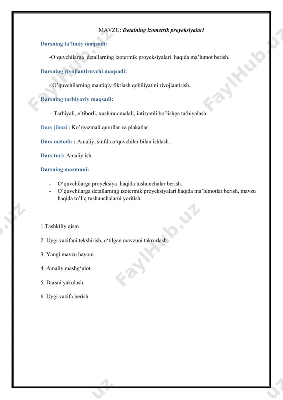 olamiz: m=k=l ,0 va n=o,5. 1-masala. berilgan geometrik jismning ortogonal proyeksiyasi yordamida proyeksiyasi yasalsin: quyidagi shaklda prizmaning dimetrik proyeksiyasi qurishi ko'rsatilgan. aylananing dimetrik proyeksiyasini yasash 1) aylananinmg v tekislikdagi dimetrik proyeksiyasini yasash quyidagi shaklda ko'rsatilgan. (ab) ┴ oy ab - ovalning katta o'qi = 1,06 d cd - ovalning kichik o'qi = 0,94 d 122- shakl 0. aylananing h tekislikdagi dimetrik proyeksiyasini yasash quyidagi shaklda ko'rsatilgan. (ab) ┴ oz ab=l,06d cd=0,35d 123-shakl . aylananing w tekislikdagi dimetrik proyeksiyasini yasash yo'li quyidagi shaklda ko'rsatilgan. 124-shakl ab┴ox 124-shakl. ab=l,06d cd=0,35d dimetriya proyeksiyadagi soyalar aksonometrik proyeksiyalarda soyalar yaqqollikni oshirish maqsadida bajariladi. nurlarning yo'nalishi aksonometriya turi bo'yicha yasalgan kubning diogonaliga parallel qilib olinadi. shaklda bitta uchi koordinata boshida, uchta yog'i proyeksiyalar tekisligida joylashgan kubning dimetriyasi bajarilgan. kubning oldingi chap yuqori uchi a bilan, o'ng orqa pastki d uchini birlashtiruvchi sa diogonalini o'tkazamiz. bu diogonalning vo'nalishi dimetrik proyeksiyalarda soyalar yasash uchun nurlar yo'nalishini aniqlaydi. soyalar …
