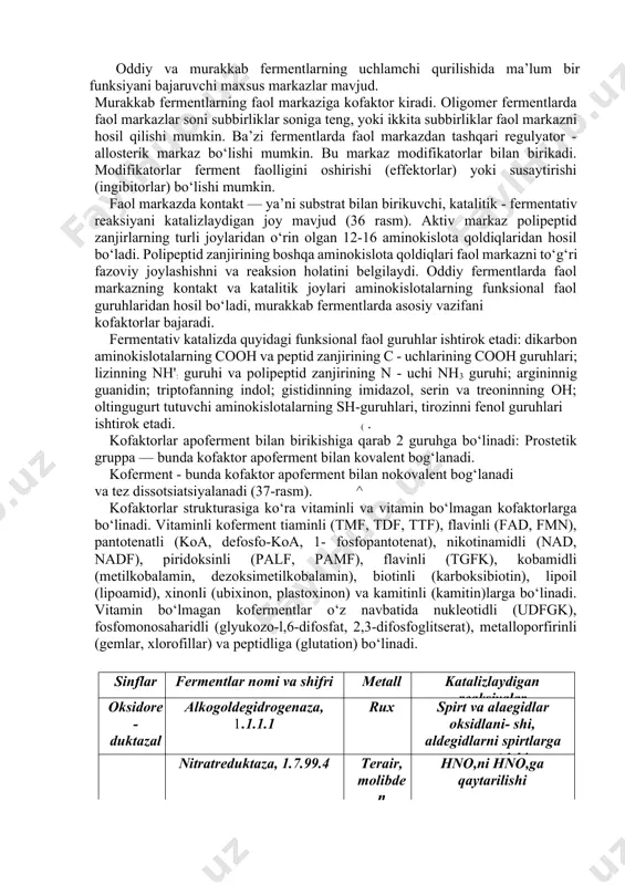 larida i.p. pavlov oshqozon-ichak yo‘lidagi fermentlar nofaol - proferment holatda bo‘lishini, tripsinogenni enterokinaza ta’sirida faollanishini ko‘rsatadi va fermentlar faolligini aniqlash usullarini yaratadi. mixaelis va menten 1913-yilda fermentlar ta’ sir etish mexanizmi va fermentativ reaksiyalar kinetikasini yaratishadi. 1926-yili samner ureaza fermentini kristall holda oladi va uni oqsil tabiatligini ko‘rsatadi. 1957-yili viland va pfleyderer fermentlami molekulyar shakllarda - izofermentlarda bomishini isbotlaydilar. 1960-yilda fillips lizotsimni uchlamchi strukturasini rentgenostruktur tahlil orqali aniqlaydi. fermentlarneorganik katalizatorlardan quyidagilar bilan farqlanadi: 1.juda yumshoq sharoitlarda faollik ko‘rsatadilar (past temperatura, normal bosim, phning ma’lum qiymatlari va boshqalar). 2.kimyoviy reaksiyani juda jadal tezlashtiradilar (35-rasm). 3.yuqori spetsifiklikka egadir. 4.fermentlar faolligi boshqariladi. oddiy va murakkab fermentlarning uchlamchi qurilishida ma’lum bir funksiyani bajaruvchi maxsus markazlar mavjud. murakkab fermentlarning faol markaziga kofaktor kiradi. oligomer fermentlarda faol markazlar soni subbirliklar soniga teng, yoki ikkita subbirliklar faol markazni hosil qilishi mumkin. ba’zi fermentlarda faol markazdan tashqari regulyator - allosterik markaz bo‘lishi mumkin. bu markaz modifikatorlar bilan birikadi. …