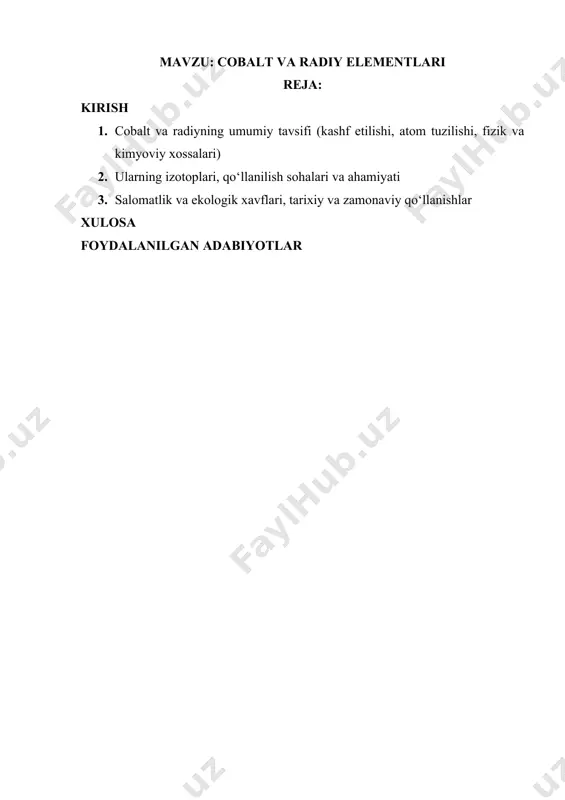 adi. 1. cobalt va radiyning umumiy tavsifi (kashf etilishi, atom tuzilishi, fizik va kimyoviy xossalari) cobalt (co) davriy jadvalning 27-elementi bo‘lib, o‘tish metallari guruhiga kiradi. uning atom raqami 27, atom massasi esa 58,93 g/mol ni tashkil etadi. cobalt tabiiy sharoitda sof holda kamdan-kam uchraydi, ko‘proq boshqa rudalar tarkibida uchraydi. bu element birinchi marta 1735-yilda shved kimyogari georg brandt tomonidan kashf qilingan. u o‘z davrida cobaltni rudalardan ajratib olib, ko‘k rangli pigment sifatida ishlatilishini ko‘rsatib bergan. cobalt tashqi ko‘rinishda oqish-kumush rangli, zichligi yuqori bo‘lgan, ferromagnit xususiyatga ega metall hisoblanadi. uning erish nuqtasi 1495 °c, qaynoq nuqtasi esa 2927 °c ga teng. cobalt magnit xususiyatlari bilan temir va nikelga juda o‘xshashdir. kimyoviy xossalariga ko‘ra, u asosan +2 oksidlanish darajasida barqaror birikmalar hosil qiladi, ba’zi hollarda +3 oksidlanish darajasi ham uchraydi. elektron konfiguratsiyasi [ar] 3d⁷ 4s² bo‘lib, u d-blok metallari qatoriga kiradi. cobalt ko‘plab kimyoviy birikmalar hosil qilishi mumkin, masalan, cobalt oksidlari, cobalt …