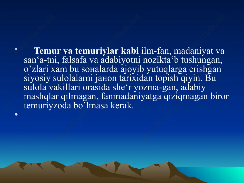 kchi mudarris bo’lgan. mashur olimlardan qozizoda rumiy, g’iyosuddin jamshid koshoniy hamda mirzo ulug’bekning o’zi va uning sho-girdi alouddin ali qushchilar turli fanlardan dars berganlar. xvi asrning mashxur adibi zaynuddin vosifiy-ning yozishicha, 1420 yilda madrasa ochilgan kuni birinchi darsni shamsuddin muhammad xavofiy o’qigan. darsda olimlardan to’qson nafari qatnash-gan, lekin darsning ma‘nisiga ulug’bek mirzo bilan qozizoda rumiydan boshqa xech kim tushunmagan. ayrim ma‘lumotlarga qaraganda, madrasada ilmi xay‘at (astronomiya) darsning qozizoda rumiy o’tgan. xatto fors-tojik mumtoz adabiyotining vakillaridan biri abdurax-mon jomiy yoshlik chog’ida samarqandga kelib, qozizoda rumiydan bir necha marta astronomiya fanidai saboq, olganligi ma‘lum. madrasada kamida 15 — 16 yil taxsil ko’rib, uning dasturi bo’yicha asosiy fanlarni to’la o’zlashtirgan va imtixonli saboqlarda o’z bilimini namoyish qila olgan tolibi ilmlarga sanad — shahodatnoma yozib berilgan. shunday shaxodatnomalardan biri ulug’bekning samarqan-ddagi madrasasida qariyb 16 yil tahsil .ko’rgan balxlik sham-suddin muhammad nomiga xijriy 838 (1435) yil rajab oyining o’rtalarida qozizoda rumiy imzosi bilan yozib berilgani …