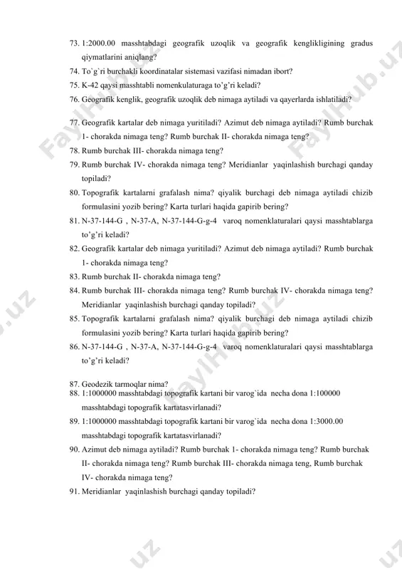 1:2000.00 masshtabdagi geografik uzoqlik va geografik kenglikligining gradus qiymatlarini aniqlang? 69. to`g`ri burchakli koordinatalar sistemasi vazifasi nimadan ibort? 70. k-42 qaysi masshtabli nomenkulaturaga to’g’ri keladi? 71. geografik kenglik, geografik uzoqlik deb nimaga aytiladi va qayerlarda ishlatiladi? 72. 1:1000000 mаsshtаbdаgi tоpоgrаfik kаrtаni bir vаrоg`idа nеchа dоnа 1:2000.00 mаsshtаbdаgi tоpоgrаfik kаrtаtаsvirlаnаdi? 1:3000.00 masshtabdagi geografik kenglik va geografik uzoqlikigi nechi gradus qiymatlarini aniqlang? 73. 1:2000.00 masshtabdagi geografik uzoqlik va geografik kenglikligining gradus qiymatlarini aniqlang? 74. to`g`ri burchakli koordinatalar sistemasi vazifasi nimadan ibort? 75. k-42 qaysi masshtabli nomenkulaturaga to’g’ri keladi? 76. geografik kenglik, geografik uzoqlik deb nimaga aytiladi va qayerlarda ishlatiladi? 77. geografik kartalar deb nimaga yuritiladi? azimut deb nimaga aytiladi? rumb burchak 1- chorakda nimaga teng? rumb burchak ii- chorakda nimaga teng? 78. rumb burchak iii- chorakda nimaga teng? 79. rumb burchak iv- chorakda nimaga teng? meridianlar yaqinlashish burchagi qanday topiladi? 80. topografik kartalarni grafalash nima? qiyalik burchagi deb nimaga aytiladi chizib formulasini …