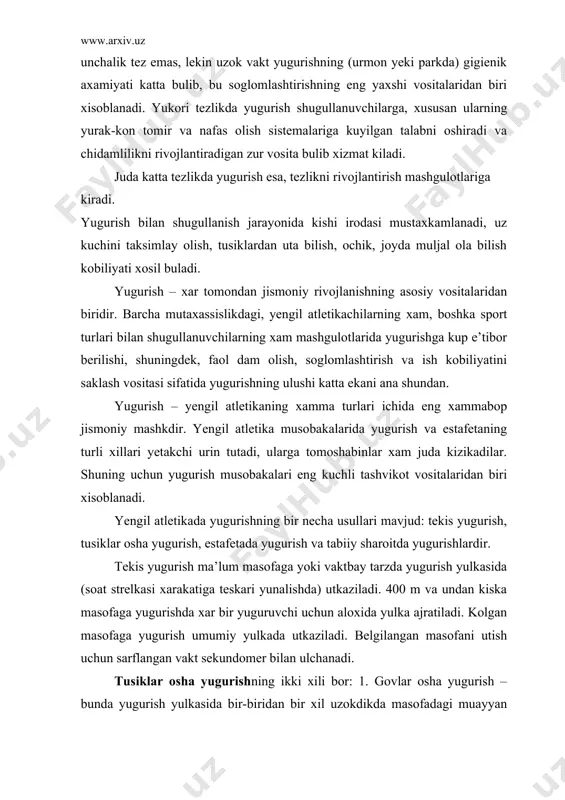 urtacha masofada) yeki xar xil (aralash masofada) buladi. estafetali yugurish kuprok stadion yulkalarida, ba’zan esa shaxar kuchalarida utkaziladi. sakrash – tusiklardan utishning tabiiy usuli bulib, kiska vakt ichida asab-muskul kuchiga maksimal zur berish bilan xarakterlidir. sakrash mash​gulotlarida sportchilarning uz tanalarini iroda kila bilish, kuchlarini yiga bilish kobiliyatlari takomillashadi, kuch, tezlik, chakkonlik mardlik orta boradi. sakrash – oyok va tana muskullarini kuchaytirish va sakrovchanlikni xosil kilish uchun eng yaxshi mashklardan biri bulib, fakat yengil atletikachilarga emas, balki boshka sport turlarining vakillariga xam, ayniksa basketbolchilarga, voleybolchilarga va futbolchilarga zarurdir. yengil atletik sakrash ikki turga bulinadi: a) balandlikka sakrash va langar chup bilan sakrash; b) uzunlikka sakrash va uch xatlab sakrash. sakrashda erishilgan natijalar metr va santimetr bilan ulchanadi. uloktirish – maxsus snaryadlarni uzoklikka irgitish va uloktirish mashklaridir. uloktirish asab-muskul kuchlanishi kiska vaktda – maksimal bulishi bilan xarakterlidir. bunda kul, yelka kamari va tana muskullarigina emas, balki oyok muskullari xam faol katnashadi. yengil …