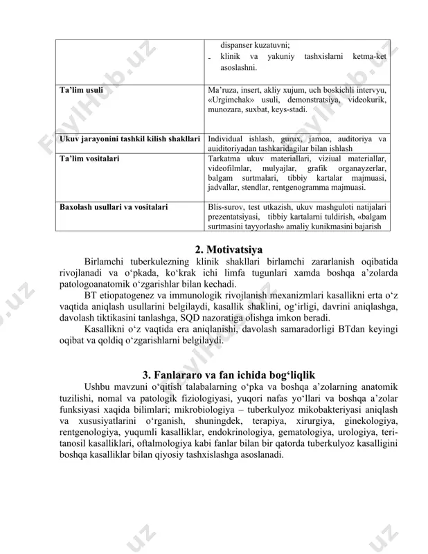 emonstratsiya, videokurik, munozara, suxbat, keys-stadi. ukuv jarayonini tashkil kilish shakllari individual ishlash, gurux, jamoa, auditoriya va auiditoriyadan tashkaridagilar bilan ishlash ta’lim vositalari tarkatma ukuv materiallari, viziual materiallar, videofilmlar, mulyajlar, grafik organayzerlar, balgam surtmalari, tibbiy kartalar majmuasi, jadvallar, stendlar, rentgenogramma majmuasi. baxolash usullari va vositalari blis-surov, test utkazish, ukuv mashguloti natijalari prezentatsiyasi, tibbiy kartalarni tuldirish, «balgam surtmasini tayyorlash» amaliy kunikmasini bajarish 2. motivatsiya birlamchi tuberkulezning klinik shakllari birlamchi zararlanish oqibatida rivojlanadi va o‘pkada, ko‘krak ichi limfa tugunlari xamda boshqa a’zolarda patologoanatomik o‘zgarishlar bilan kechadi. bt etiopatogenez va immunologik rivojlanish mexanizmlari kasallikni erta o‘z vaqtida aniqlash usullarini belgilaydi, kasallik shaklini, og‘irligi, davrini aniqlashga, davolash tiktikasini tanlashga, sqd nazoratiga olishga imkon beradi. kasallikni o‘z vaqtida era aniqlanishi, davolash samaradorligi btdan keyingi oqibat va qoldiq o‘zgarishlarni belgilaydi. 3. fanlararo va fan ichida bog‘liqlik ushbu mavzuni o‘qitish talabalarning o‘pka va boshqa a’zolarning anatomik tuzilishi, nomal va patologik fiziologiyasi, yuqori nafas yo‘llari va boshqa a’zolar funksiyasi …