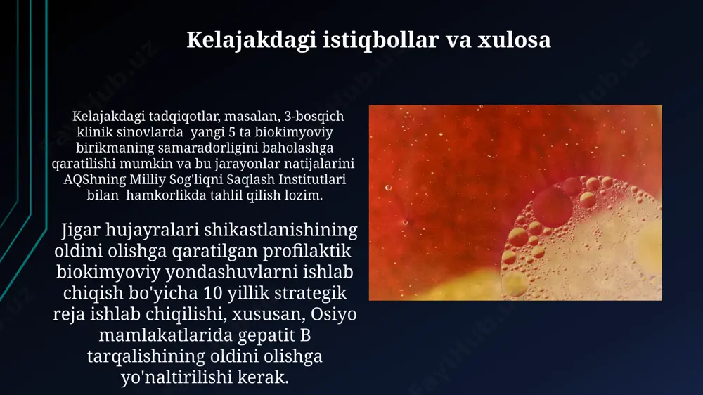 to'planishi hisoblanadi. o'rta osiyo mintaqasida jigar komasi bilan kasallangan bemorlarning 20%ida mahalliy xalq tabobatidan foydalanilishi, ba'zi hollarda holatning og'irlashuviga va o'limga olib kelishi mumkin. e'tiboringiz uchun rahmat @taqdimot_robot image1.jpg image2.jpg image3.jpg image4.jpg image5.jpg image6.jpg image7.jpg image8.jpg image9.jpg image10.jpg image11.jpg image12.jpg image13.jpg image14.jpg image15.jpg image16.jpg image17.jpg