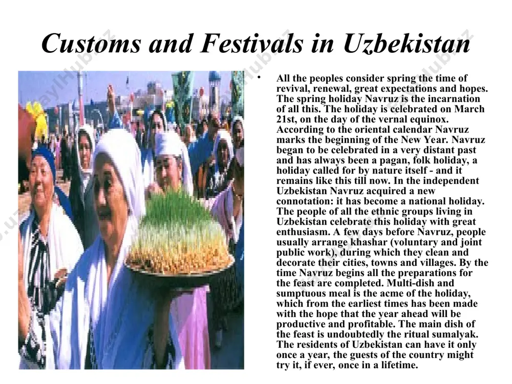 ace, too. various entertainment programs are broadcast on tv. customs and festivals in uzbekistan among the state holidays of uzbekistan there are many religious ones. they are celebrated according to the muslim lunar calendar. in the soviet times these holidays were banned in uzbekistan. but after the country became independent, these holidays were legalized and by now they have acquired really nation-wide character. one of the most significant muslim holidays is kurban-khait. it is the day when the faithful should make a gratifying oblation in accordance with their personal incomes. after the ritual praying the faithful go on visits or receive guests at home. on this day those who are poor and suffering are taken a special care of. ramazan-khait is a holiday of moral purification and spiritual revival. this holiday comes after 30-day fast and falls at the ninth month of the muslim calendar. during these days it is …