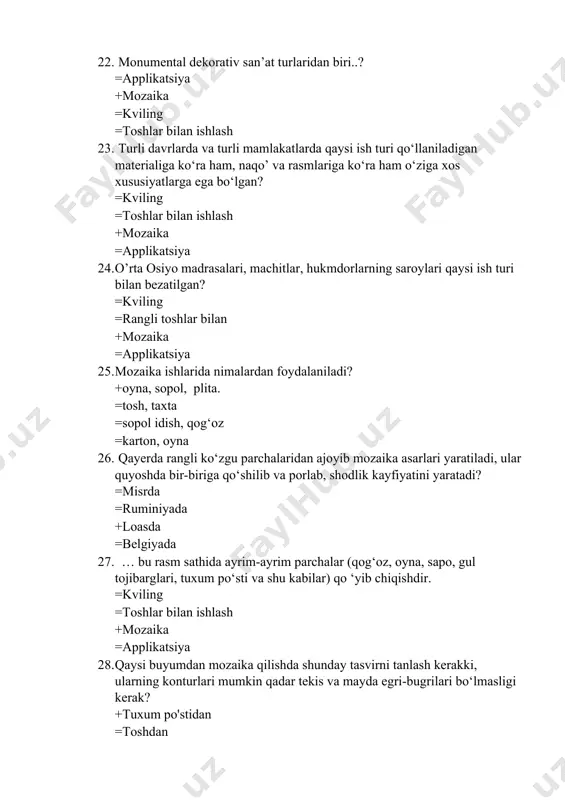qaysi turi dars jarayonida o‘quvchilarda axloqiy sifatlar shakllantirilishi asosida belgilanadi? =rivojlantiruvchi maqsad +tarbiyaviy maqsad =axloqiy maqsad =ta’limiy maqsad 35. har bir o‘qituvchining dars ishlanmasini ko‘rib, tasdiqlash jarayonida ularda darsga kirish uchun quyidagi eng muhim hujjatlar bo‘lishini nazorat qiluvchi shaxs? +o‘quv- tarbiyaviy ishlar bo‘yicha o‘rinbosar =direktor o‘rinbosari =ma’naviy- ma’rifiy ishlar bo‘yicha o‘rinbosar =direktor 36. xalq taʼlimi muassasalari faoliyatini metodik taʼminlash va tashkil etish tuman (shahar) bo‘limi mudirlari, o‘rinbosarlari, metodistlari tomonidan haftasiga kamida necha soat o‘qituvchilar darslari kuzatilishi va tahlil qilinishi belgilangan? =3 soat =4 soat +2soat =5 soat 37. xalq taʼlimi muassasalari faoliyatini metodik taʼminlash va tashkil etish tuman (shahar) taʼlim muassasalari direktorlari, ularning o‘rinbosarlari tomonidan necha soat o‘qituvchilar darslari kuzatilishi va tahlil qilinishi belgilangan? +4 soat =3 soat =2 soat =6 soat 38. xalq taʼlimi muassasalari faoliyatini metodik taʼminlash va tashkil etish tuman (shahar) fan metod birlashma rahbari tomonidan necha soat o‘qituvchilar darslari kuzatilishi va tahlil qilinishi belgilangan? =3 soat …