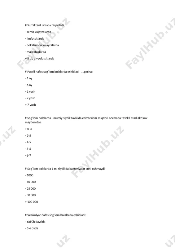 krak yoshidagi bolalarda oqsil xazm qilinishida ishtirok etadi: - pepsinogen - gastriksin - lipaza + ximozin (renin) - alfa-amilaza # pepsinogen aktivatori: - o‘t kislotalari - enterokinaza - proelastaza + xlorid kislota - karboksipeptidaza # pepsinogen oshqozonda ishlab chiqariladi: - g–xujayralarda - qavariq xujayralarda + tanasining asosiy xujayralarida - parietal xujayralarda - argentofil xujayralarda # «fontansimon» qusish kuzatiladi: - ovqat allergiyasida + pilorostenozda - ko‘p ovqatlanishda - aerofagiyada - meningitda # eritrotsitlar yashash davomiyligi bolalarda: - 30 sutka - 50 sutka - 60–80 sutka + 80–120 sutka - 20–30 sutka # katta yoshdagi bolalarda eritrotsitlarning o‘rtacha diametri: + 7,2 mkm - 9,2 mkm - 8,2 mkm - 6,2 mkm - 10,2 mkm # prays-djons egriligi bildiradi: + eritrotsitlar diametri o‘zgarishi - eritrotsitlar shakli o‘zgarishi - eritrotsitlar xajmi o‘zgarishi - eritrotsitlar qalinligi o‘zgarishi - eritrotsitlar deformatsiyasi o‘zgarishi # auskultatsiyada erta yoshdagi bolalarda quyidagi nafas eshitiladi: - vezikulyar + pueril - dag‘al …