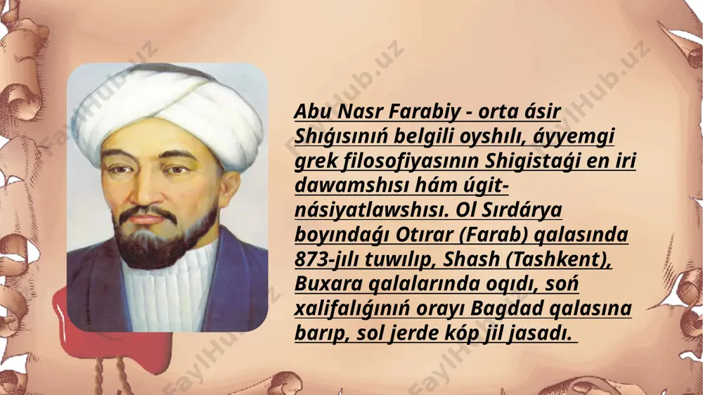 ten artıq tillerdi (arab, parsı, grek, latın, suriya hám basqa) bilgenligin jazgan. farabiy ilim-pánge qızıǵıwdan aldın qazı edi. 5 orta ásirler shigisının enciklopedist oyshılı ilimniń túrli tarawları: filosofiya, matematika, alximiya, logika, astronomiya, medicina, muzika boyinsha izertlewler alıp bargan. aristotel ideyaların úgit-násiyatlagani ushin ómirinde-aq "ekinshi mugallim" (aristotelden keyingi ekinshi mugallim) atın algan. pedagogikalıq kózqaraslar. arab tilles dúnyada birinshi márte jan haqqındaǵı táliymattıń izbe-iz sistemasın jarattı hám ózine tán psixologiyalıq terminologiyanı islep shıqtı. pedagogikanı óz aldına pán sıpatında ajıratpaydı, ádep-ikramlılıq penen birge oqıtıw hám tárbiyalaw mashqalaların siyasiy (puqaralıq) pán quramında qaraydı. farabiy "tálim," "tárbiya," "tárbiya," "maqtov," "tanbeh," "ishontirish," "majburlash," "baxt," "bilim," "kónlikpe," "malaka," "odat" hám basqa pedagogikalıq túsiniklerge táriyip beredi. aqılıy tárbiya. oqiw wazıypaları. oqıw tek ǵana intellektual emes, al ulıwma ruwxıy, sonıń ishinde, ádep-ikramlılıq rawajlanıwınıń tiykarı bolıp esaplanadı. oqıtıw menen ayırım shaxslar da, qala xalqı hám xalıqlar da qamtıp alınıwı múmkin. farabiydin tiykargı pedagogikalıq koncepciyası. jaqsı pazıyletli húkimdar basshılıǵında ideal jámiyet …