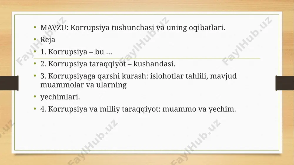 rrupsiyaning eng keng tarqalgan turlariga poraxo’rlik, firibgarlik, tovlamachilik, nepotizm kiradi. bunday jinoyatlarning ko’plab sodir etilishi iqtisodiyotni zaiflashtirib, siyosiy boshqaruvni izdan chiqarishi va fuqarolarni davlat tizimi va siyosiy tizimlarga nisbatan ishonchsizligini keltirib chiqarishi mumkin. mustaqillikga erishganimizdan keying davrda ushbu turdagi jinoyatchilikni oldini olishga qaratilgan qator normative huquqiy hujjatlar qabul qilingan, unga qarshi kurashuvchi davlat idoralari,ularning tarkibiy tuzilmalari tashkil etilgan bo’lsada, unga qarshi kurashish ko’ngildagidek bo’layotgani yo’q. tom na’noda korrupsiyaviy jinoyatchilik ildiz otib, miqdori kun sayin oshib bormoqda. eng xatarlisi esa odamlarni bunday holga nisbatan befarqligi, unga oddiy holat sifatida munosabatda bo’lishidir. chuqurroq o’ylab qarasak korrupsiya va unga bog’liq bo’lgan iqtisodiy jinoyatchilik davlatlarning bugungi iqtisodiy va siyosiy vaziyatida taraqqiyotga to’sqinlik qiluvchi asosiy xavf manbai, xavfsizlikka tahdid hisoblanadi.korrupsiyadan ko’rilayotgan zararning ko’lami cheksiz. glabal moliyaviy oshkoralik tashkiloti ma’lumotlariga ko’ra, 2001-yildan 2010-yilga qadar dunyoning 150 rivojlanayotgan davlatida 6 trillion dollarga yaqin pul korrupsiya bois ko’kka sovurilgan. bunday davlatlar ro’yxatining boshida xitoy turibdi. o’tgan 10 yil …