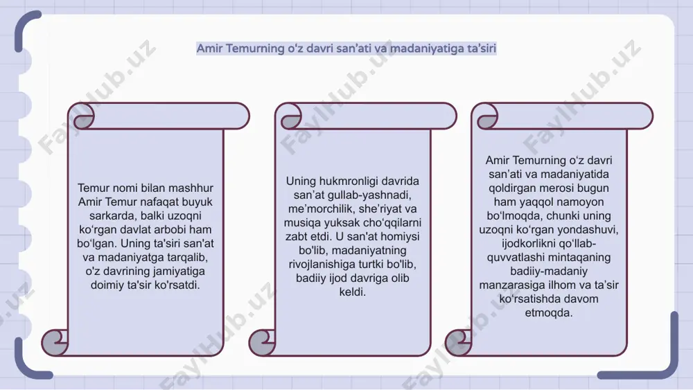 kamlandi. uning siyosati va tashabbuslari iqtisodiyotni mustahkamladi, biznesning gullab-yashnashi va rivojlanishi uchun qulay sharoit yaratdi. amir temur hukmronligining iqtisodiy manzaraga ta'siri chuqur bo'lib, savdo-sotiq farovonligining abadiy merosi qoldirdi. uning strategik qarorlari va istiqbolli rahbariyati bugungi kunda ham iqtisodiy yutuqlarni ilhomlantirishda davom etmoqda. amir temurning harbiy taktikasi va strategik urushi atoqli davlat arbobi amir temur o‘zining beqiyos harbiy taktikasi va strategik urushi bilan keng e’tirof etilgan. uning innovatsion yondashuvlari va tengsiz etakchilik fazilatlari buyuk harbiy rahbar sifatidagi obro'sini mustahkamladi. amir temur o‘z hukmronligi davrida jangovar san’atni tubdan o‘zgartirib yuborgan ilg‘or harbiy strategiyalarni amalga oshirdi. uning o'zgaruvchan sharoitlarga moslashish va dushmanlarining zaif tomonlaridan foydalanish qobiliyati uni jang maydonida kuchli kuchga aylantirdi. amir temurning harbiy taktika va strategik urushdagi beqiyos jasorati tarixda o‘chmas iz qoldirib, buyuk davlat arbobi degan haqli nomga sazovor bo‘ldi. uning merosi bugungi kungacha harbiy rahbarlar va strateglarni ilhomlantirishda va ta'sir qilishda davom etmoqda. amir temur va boshqa tarixiy yetakchilar …