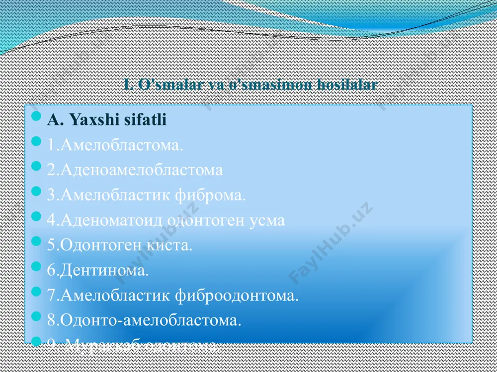 прок айолларда учрайди. boshlang'ich simptomlari: dastlab o'sma bilinmasdan osib, keyinchalik shish bilan ozini bildiradi, shu soxadagi tishlarda qimirlash paydo boladi, o'sma sekinlik bilan o'sib, yuz deformatsiyasiiga olib keladi og'riq belgilari yoq. soxadagi teri rangida ozgarish bolmaydi, shilliq qavat sianotik rangga kirishi mumkin, regionar limfa tugunlari kattarmagan, palpatsiyada tola, yumshoq, ogriqsiz ozgarish aniqlanadi рентгенография гигантоклеточной опухоли нижней челюсти davolash o'sma jarroxlik yoli bilan olinadi (sog'lom to'qimagacha) odnomoment plastikadan foydalanib operatsiya orni yopiladi. radikal otkazilgan operoperatsiya bemorning keyingi hayotini yaxshi otishiga kafolat boladi pastki jag' sarkomalari suyak usti pardasidan rivojlanadi bularga ameoblastik fibrosarkoma, ameoblastik odonto sarkomalar va qon tomir sist elementlaridan rivolanadigan gemangioendotelioma, neyrogen xujayralardan neyrogen sarkoma, yomon sifatli nevrinomalar va gistogenezi aniq bolmagan yuning sarkomasi. agar sarkoma chpjb elementlaridan hosil bolsa rabdiomiosarkoma, sinoval fibrosarkomalar kiradi. patki jag yomon sifatli osmalari simptomlari klinikada yomon sifatli o'smalarning simptomlari turlicha , boshlang'ich diagnostikasi xavli o'smalarning lokalizatsiyasi boyicha aniqlash juda qiyin boladi. sababi undagi belgilar …