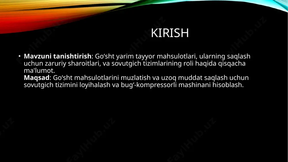 tavsiyalar. xulosa: goʻsht mahsulotlarini uzoq muddat saqlash uchun sovutgich tizimining ahamiyati va bugʻ-kompressorli mashinani to'g'ri tanlash va hisoblash zarurati. foydalanilgan adabiyotlar sovutgich tizimlari, bug‘-kompressorli mashinalar va go‘shtni saqlash texnologiyalari bo‘yicha ilmiy va amaliy adabiyotlar. image2.png image3.jpeg image1.png /docprops/thumbnail.jpeg