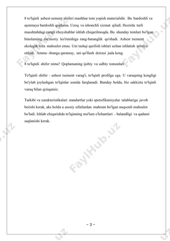 larning shakli va o'lchamlari tayyor varaqlarning geometrik xususiyatlarini aniqlaydi. tayyor choyshablar konveyer bo'ylab harakatlanadi va birlamchi qattiqlashuv bosqichidan o'tadi. keyingi bosqich - blankalarning suv bilan to'yinganligi. maxsus hovuzda ular ma'lum vaqt davomida qariydi va keyin quritishga yuboriladi. bu doimiy yuqori haroratli omborda sodir bo'ladi. bu erda material oxirgi kuchga ega bo'ladi. hozirgi vaqtda rangli shifer ishlab chiqarish keng tarqalgan. bu materialning aşınma qarshiligini oshiradi, unga yangi fazilatlar, shiferli tomlarga chiroyli ko'rinish beradi. buning uchun fosfat va akril bo'yoqlardan foydalaniladi. qurilishda foydalanish uning asosiy qo'llanilishi tom yopish uchun. yakka tartibdagi va kam qavatli uy- joy qurilishida tomlar. uzunlamasına tizmalar qattiqlashtiruvchi sifatida xizmat qiladi va bunday qoplamaning yuk ko'tarish qobiliyatini oshiradi. bunga kamida 5 mm qalinlikdagi qatlam yordam beradi. 8 to'lqinli shifer qulay varaq o'lchamlariga ega, bu esa uni o'rnatishni osonlashtiradi. u juda ko'p chiqindilarni keltirib chiqaradigan murakkab uyingizda tuzilmalari uchun ishlatilmasligi kerak va dasturning iqtisodiy maqsadga muvofiqligi past bo'ladi. nishab 12 …