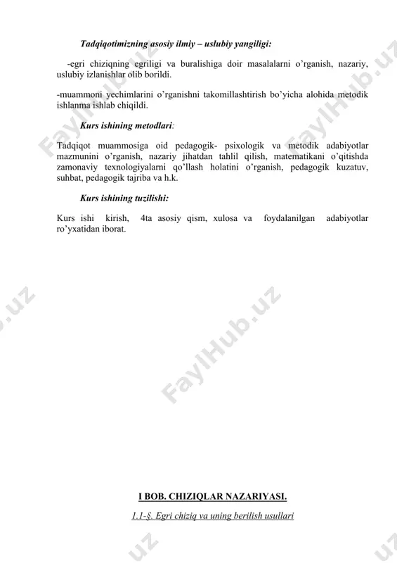 t) funksiyalar yordamida parametrlash mumkin bo’lsa, u silliq elementar egri chiziq deb ataladi. izoh: zarur bo’lgan hollarda, biz yuqori tartibli hosilalarning mavjud va uzluksiz bo’lishini talab qilamiz. 3-ta’rif: bog’lanishli to’plamga tegishli har qanday m nuqtaning har qanday um atrofi mavjud bo’lib, to’plamning um atrofidagi qismi elementar egri chiziq bo’lsa, sodda egri chiziq deb ataladi. 1-tasdiq. har qanday sodda egri chiziq yoki elementar egri chiziqdir yoki aylanaga gomeomorfdir. 4-ta’rif. bizga sodda elementar egri chiziq berilgan bo’lib, m esa unga tegishli nuqta bo’lsin. agar um to’plam m nuqtaning atrofi bo’lsa, um kesishmani m nuqtaning chiziqdagi atrofi deb ataladi. 5-ta’rif. sodda egri chiziqning local topologic akslantirishdagi obrazi umumiy egri chiziq deyiladi. 2-tasdiq. silliq x(t), y(t), z(t) funksiyalar hosilalari har bir t uchun x’2(t)+y’2(t)+z’2(t) shartni qanoatlantirsa, (1) tenglamalar sistemasi umumiy egri chiziqni ifodalaydi. bu umumiy egri chiziq (a,b) intervalning f: t akslantirishdagi aksidir. 3-tasdiq. bizga differensiallanuvchi (x,y) funksiya berilgan bo’lib, koordinatalari (x,y)=0 tenglamani qanoatlantiruvchi …