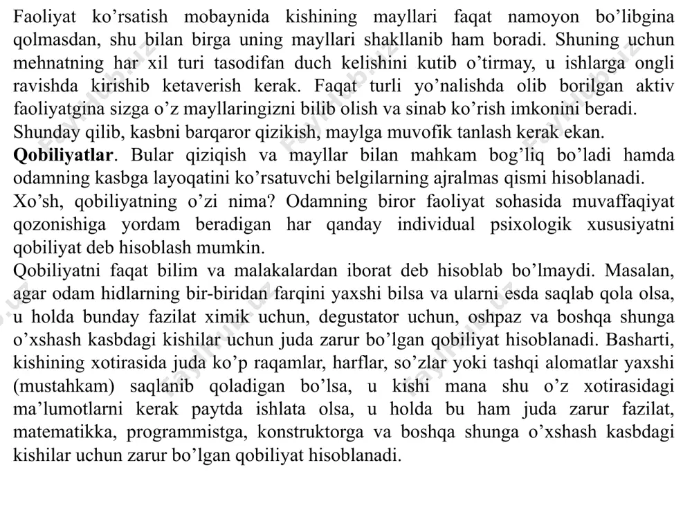muvofiq kelish-kelmasligini aniqlash — shifokorning vazifasidir. shuning uchun ham ishga yoki o’quv yurtiga kirayotgan har bir kishi, albatta, tibbiy ko’rigidan o’tadi. lekin ko’pincha shunday bo’ladiki, kishi o’zining nazarida kasb tanlab bo’lganidan keyin bunday tibbiy ko’rigi amalga oshiriladi. keyin afsuslanib yoki iztirob chekib yurmaslik uchun o’z vaqtida shifokor bilan maslahatlashib olish muhim ahamiyatga egadir. kasb tanlayotgan har bir kishi organizm uchun noqulay deb hi-soblanadigan omillarni bilib olmog’i kerak. bu hol unga o’z imkoniyatlarini to’g’ri baholashga yordam beradi. xo’sh, bular qanday omillar? ba’zi hollarda bular — katta jismoniy nagruzkalar, optimal mikroiqlimdan chekinilgan vaqtlar (haroratning past yoki yuqori bo’lishi) hisoblansa, boshqa hollarda bu omil ortiq darajadagi chang-to’zondan, shovqin va vibratsiya (tebranish) dan, uchinchi bir hollarda esa zaharli moddalarni ishlatishdan iborat bo’ladi va hokazo. mehnat sharoitining odam organizmiga ko’rsatadigan ta’siri bo’yicha kasblarni to’rt gruppaga ajratish mumkin. birinchi gruppaga mehnat sharoiti maishiy kasblarga yaqin bo’lgan kasblar kiradi. misol tariqasida soat ishlab chiqarish bilan, maishiy xizmat …