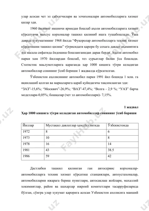 давлат томонидан тан олинди, ўз фаолиятини расмий равишда бошлади. иккинчи давр(1971-81 йиллар) - автосервисни ривожланиши республика аҳолиси автомобил паркини кескин ўсиб бориши билан бирга кўзатилди. масалан: 1965 йилда мамлакатимизнинг хар бир 1000 аҳолиси бошига 3 та шахсий автомобиллар тўғри келса, 1972 йили 8 та, 1978 йили 14 та, 1981 йили 38.5 та автомобиллар туғри келди. шунга биноан автосервис хизмати кўрсатиш ҳажми биринчи даврга нисбатан 13 баробар ошди, ишчи постлар сони 14 марта купайди. бу даврда республика автосервиси бутунлай янги фирма усулида хизмат курсатувчи “автовазтехобслуживание” ва “камазтеххизмат”лар келиб кушилди. автосервисни моддий-техника базаси жиддий равишда мустахкамланди. учинчи давр (1981-90 йилларда) – автосервиснинг ривожланиши корхона тармоқлари ва таркибининг янада ўсиши ва уларнинг моддий-техника базасини янада мустахкамланиши билан тавсифланади. автосервис корхоналари тармоқларининг ўсиши энг аввало ширкат(кооператив) усулидаги корхоналарни ва фирма усулида ишловчи “москвич”, “газ” ва ҳ.к. сервис корхоналарини ташкил қилиниши ва ишга туширилиши билан боғлиғдир. техник хизмат кўрсатиш станциялар, махсус автомарказлар ва автоустахоналарнинг умумий …