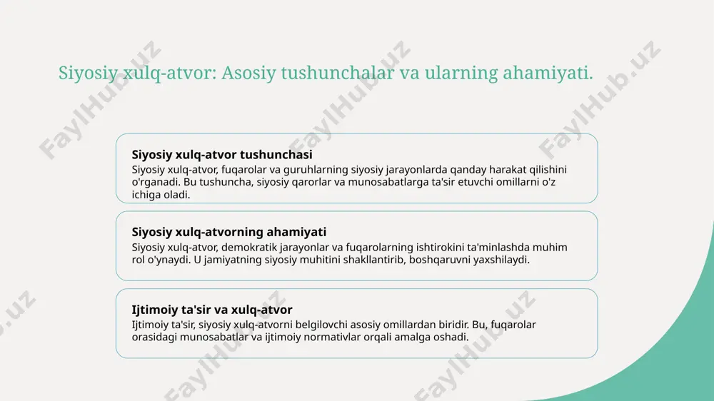 hiqadi. 3 xulq-atvor va ta'sir siyosiy xulq-atvor, fuqarolar va siyosatchilar o'rtasidagi ijtimoiy aloqalar orqali shakllanadi. bunda psixologik omillar va ijtimoiy ta'sirlar muhim rol o'ynaydi. bixevioralizm: ijtimoiy ta'sir va siyosiy harakatlar. ijtimoiy ta'sir bixevioralizmda ijtimoiy ta'sir, odamlarning siyosiy qarorlariga bo'lgan munosabatlarini shakllantiruvchi omil sifatida muhim rol o'ynaydi. siyosiy harakatlar ijtimoiy ta'sirlar, siyosiy harakatlarning yo'nalishini va odamlarning partiyalarga, fikrlarga bo'lgan munosabatlarini belgilaydi, bu esa natijada siyosiy o'zgarishlarga olib keladi. o'zbekistonda ta'sir o'zbekistonda ijtimoiy ta'sirlar, milliy qadriyatlar va an'analarga asoslanib, siyosiy harakatlar va qaror qabul qilish jarayonlarida muhim ahamiyatga ega. o'zbekistondagi siyosiy xulq-atvor va bixeviorizmiy yondashuvlar. o'zbekistonda siyosat o'zbekistonda siyosiy xulq-atvor, tarixiy va ijtimoiy kontekstlarga asoslangan holda, fuqarolar va hukumat o'rtasidagi o'zaro aloqalarni belgilaydi. bixeviorizm ta'siri bixeviorizm, siyosiy xulq-atvorni tushunishda muhim rol o'ynaydi, chunki u insonlarning siyosiy qarorlaridagi motivatsiyalarni va xatti-harakatlarni tahlil etishga yordam beradi. madaniy omillar o'zbekistonda siyosiy xulq-atvor madaniy omillar bilan chambarchas bog'liqdir, milliy qadriyatlar va an'analar fuqarolar qarorlarida muhim o'rin …