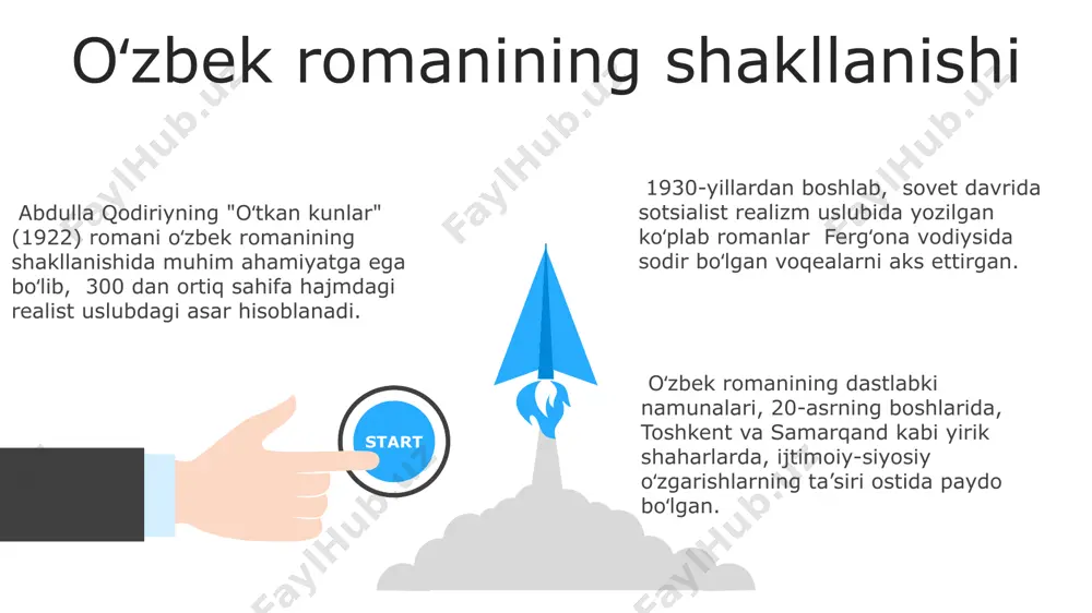 oʻzgarishlarni aks ettirib, 3-4 asosiy qahramon atrofida murakkab syujet liniyalarini quradi, toshkent va fargʻona vodiysi kabi joylarni fon sifatida ishlatadi. 21-asr oʻzbek romanlarida post-modernizm taʼsiri sezilib, 2-3 parallel syujet chiziqlari bilan eksperimental uslublar qoʻllaniladi, masalan, vaqtning oʻtishi va xotiralar orqali hikoya qilish texnikasi keng qoʻllaniladi. oʻzbekistondagi 10 dan ortiq nashriyotlar zamonaviy romanlarni chop etayotgan boʻlsa-da, detektiv, psixologik va falsafiy janrlarning aralashuvi bilan ajralib turadigan 5 ga yaqin yangi roman yoʻnalishi paydo boʻldi. e'tiboringiz uchun rahmat @taqdimot_robot image1.jpeg image2.jpeg image3.jpeg image4.jpeg