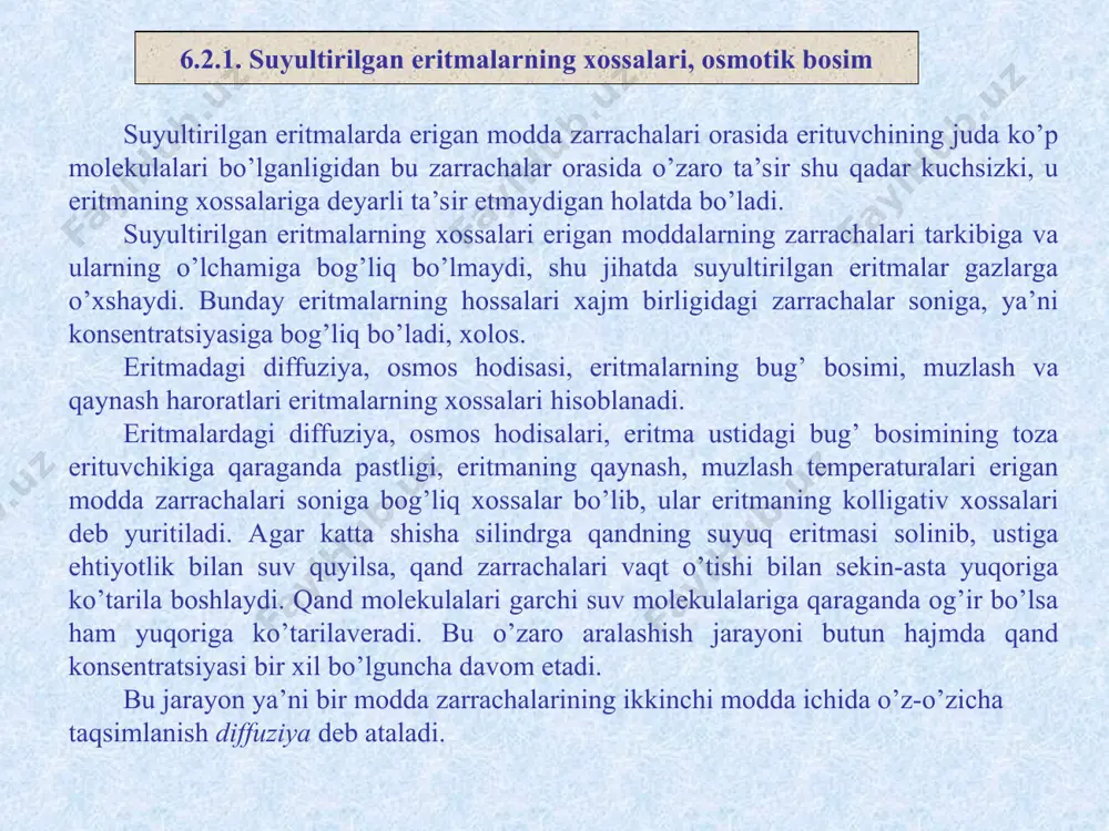 da eriganda yutiladigan yoki ajraladigan issiqlik miqdori shu moddaning erish issiqligi deb ataladi, hamda q harfi bilan belgilanadi. agar modda eriganda issiqlik yutilsa q manfiy ishora bilan, issiqlik ajralib chiqsa musbat ishora bilan ko’rsatiladi. masalan, ning erish issiqligi -6,32 kkal(-26,5kj)ga, koh ning erish issiqligi +13,3 kkal (+55,7kj)ga teng. suyuqlikning suyuqliklarda erishi ham turlicha bo’ladi, ba’zi suyuqliklar bir birida cheksiz eriydi. masalan: suv bilan spirt, suv bilan glitserin. ba’zi suyuqliklar ma’lum chegaraga qadar eriydi. masalan: anilin bilan suv, efir bilan suv va hakozo. shunday suyuqliklar borki bir biri bilan amalda erimaydi. masalan: suv bilan xloroform, suv bilan benzol. gazlarning eruvchanligi temperaturaga, bosimga, gazning tabiatiga va erituvchilarga bog’liq bo’ladi. gazlarning suyuqliklarda eruvchanligi genri qonuni bilan ifodalanadi. qonun quyidagicha ta’riflanadi: o’zgarmas temperaturada ma’lum hajm suyuqlikda erigan gazning miqdori shu gazning bosimiga to’g’ri proporsional bo’ladi. genri qonuni quyidagi tenglama bilan ifodalanadi: c=k∙p yuqoridagi formulada, c - to’yingan eritmadagi gaz konsentratsiyasi; p - partsial bosim; …