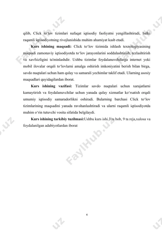 ydalanilgan adabiyotlardan iborat i.bob click to‘lov tizimining nazariy asoslari va ishlash prinsiplari. 1.1. click to‘lov tizimining tarixi va evolyutsiyasi. click to‘lov tizimlari, asosan, elektron to‘lovlarni amalga oshirish imkoniyatlarini taqdim etadigan tizimlardir. ular butun dunyo bo‘ylab ko‘plab bizneslar va foydalanuvchilar uchun tezkor va xavfsiz to‘lov imkoniyatlarini yaratadi.[footnoteref:1] ushbu tizimlarning rivojlanish tarixi va evolyutsiyasi, texnologiyaning yuksalishi, iqtisodiy va ijtimoiy o‘zgarishlar bilan chambarchas bog'liqdir. [1: abdurakhmanov, t. (2021). raqamli to‘lov tizimlari va ularning rivojlanishi. toshkent: o‘zbekiston respublikasi markaziy banki nashrlari. ] elektron to‘lov tizimlarining paydo bo‘lishi va rivojlanishining boshlanishi, 1990-yillarning oxirlariga to‘g'ri keladi. internetning keng tarqalishi, kompyuter texnologiyalarining rivojlanishi va mobil aloqa vositalarining jadal o‘sishi, onlayn to‘lov tizimlarining zaruriyatini oshirdi. buning natijasida, elektron to‘lov tizimlari, ularning xavfsizligi va ishonchliligiga oid bir qator innovatsiyalarni amalga oshirishga olib keldi. shu bilan birga, bu tizimlarning o‘zgarishi ham, ularning iqtisodiy va texnologik omillarga qanday moslashgani haqida qiziqarli bir tarixni yaratadi. internet orqali to‘lovlar amalga oshirishning ilk bosqichlari …