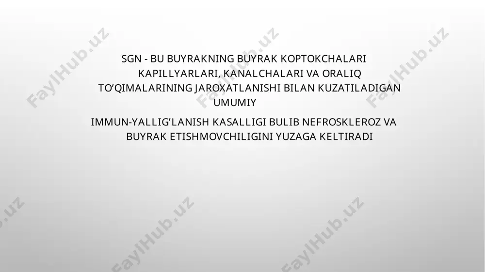 siz rivojlanish mexanizmlari ham katta ahamiyatga ega, ular orasida: progressiv buyrak fibrozining rivojlanishi; gemodinamik omillar; metabolik mexanizmlar; ivish mexanizmlari; tubulointerstitial skleroz. tasniflash klinik ko'rinishida: yashirin nefrotik gipertonik gematik aralashgan mirrahimov m.m.ga ko'ra sgn tasnifi. i. bosqich: boshlang'ich (latent) ii. bosqich: og'ir klinik ko'rinish gipertonik shakl nefrotik shakl aralash shakl iii. bosqich: terminal bosqich (sklerozdagi natija, surunkali buyrak etishmovchiligi sgn klinikasi (yashirin shakl) ekstrienal simptomlarning yo'qligi (shish, arterial gipertenziya (ag), kuz tubidagi o'zgarishlar). izolyatsiya qilingan siydik sindromi: kuniga 3,5 g gacha proteinuriya, mikrogematururiya, silindruriya, siydikning nisbiy zichligi saqlanib qoladi. ushbu shakl uzoq muddatli kursga ega, ko'pincha tibbiy ko'rik paytida aniqlanadi, ko'pincha surunkali buyrak etishmovchiligi bosqichida. nefrotik shakl anasarkaga qadar kuchli shishish, zaiflik, ishtahasizlik, odatda normal qon bosimi kuniga 3,5 g dan ortiq massiv proteinuriya, silindruriya, mikrogematuriya gipoproteinemiya, disproteinemiya, giperalfa-2 va gamma - globulinemiya giperkolesterolemiya uqtda: anemiya, echtning ko'payishi. nefrotik inqiroz bilan murakkablashishi mumkin. gipertonik shakl u o'zini arterial gipertenziya sindromi sifatida …