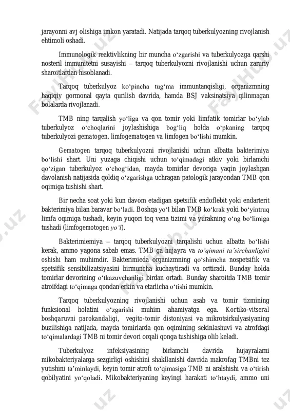 t birga kelganda, kichik o‘lchamdagi kalsinat ham tuberkulyoz infeksiyasining endogen o‘chog‘iga aylanishi istisno emas. tmb ning qo‘shimcha ekzogen kirishi o‘pkada tarqoq tuberkulyozni rivojlanishi uchun mutloqlikdan holi. ammo, massiv bakteriya ajratuvchilari bilan uzoq va zich aloqa, superinfeksiya antigen zo‘riqishini o‘stiradi, mikobakteriyalarni fagotsitoz qilish samarasi qiyinlashadi, birlamchi o‘choqda jarayonni avj olishiga imkon yaratadi. natijada tarqoq tuberkulyozning rivojlanish ehtimoli oshadi. immunologik reaktivlikning bir muncha o‘zgarishi va tuberkulyozga qarshi nosteril immunitetni susayishi – tarqoq tuberkulyozni rivojlanishi uchun zaruriy sharoitlardan hisoblanadi. tarqoq tuberkulyoz ko‘pincha tug‘ma immuntanqisligi, organizmning haqiqiy gormonal qayta qurilish davrida, hamda bsj vaksinatsiya qilinmagan bolalarda rivojlanadi. tmb ning tarqalish yo‘liga va qon tomir yoki limfatik tomirlar bo‘ylab tuberkulyoz o‘choqlarini joylashishiga bog‘liq holda o‘pkaning tarqoq tuberkulyozi gematogen, limfogematogen va limfogen bo‘lishi mumkin. gematogen tarqoq tuberkulyozni rivojlanishi uchun albatta bakterimiya bo‘lishi shart. uni yuzaga chiqishi uchun to‘qimadagi atkiv yoki birlamchi qo‘zigan tuberkulyoz o‘chog‘idan, mayda tomirlar devoriga yaqin joylashgan davolanish natijasida qoldiq o‘zgarishga uchragan patologik jarayondan …