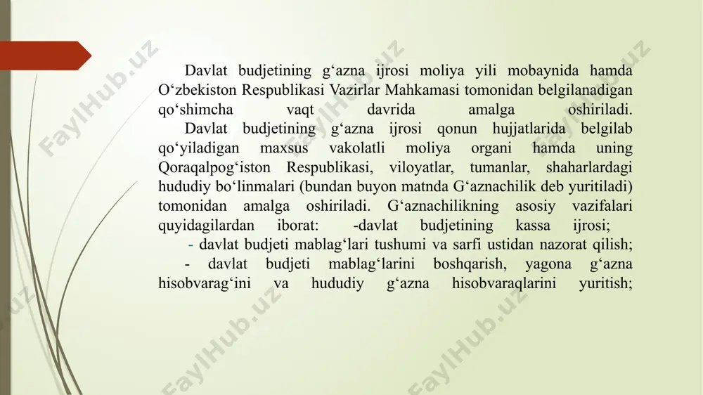 ri mablag‘lari, agar qonun hujjatlarida boshqacha qoidalar nazarda tutilgan bo‘lmasa, g‘aznachilikning bankdagi valyuta hisobvaraqlariga kiritiladi. soliqlar, yig‘imlar va boshqa majburiy to‘lovlar summalarini qaytarish g‘aznachilik yuridik va jismoniy shaxslarga ular tomonidan ortiqcha to‘langan soliqlar, yig‘imlar va boshqa majburiy to‘lovlar summalari qonun hujjatlarida belgilangan tartibda yagona g‘azna hisobvarag‘idan yoki g‘aznachilikning boshqa bank hisobvaraqlaridan qaytarilishini amalga oshiradi. 12-modda. davlat budjetining xarajatlarini amalga oshirish davlat budjetining xarajatlari yagona g‘azna hisobvarag‘i yoki g‘aznachilikning boshqa bank hisobvaraqlaridan belgilangan muddatlarda va tegishincha respublika budjeti, qoraqalpog‘iston respublikasi budjeti, mahalliy budjet, davlat maqsadli jamg‘armalari mablag‘larining hamda budjet tashkilotlarining budjetdan tashqari mablag‘larining qoldiqlari doirasida amalga oshiriladi. mablag‘larni sudning qaroriga binoan o‘tkazish, dotatsiyalar va ssudalarni o‘tkazish mablag‘larni sudning qaroriga binoan o‘tkazish, dotatsiyalar va ssudalarni o‘tkazish yagona g‘azna hisobvarag‘idan yoki g‘aznachilikning boshqa bank hisobvaraqlaridan davlat budjetida mablag‘lar nazarda tutilgan yuridik va jismoniy shaxslarning bank hisobvaraqlariga g‘aznachilik tomonidan o‘tkaziladi. davlat budjeti mablag‘larini boshqarish g‘aznachilik yagona g‘azna hisobvarag‘idagi va g‘aznachilikning boshqa bank hisobvaraqlaridagi davlat …