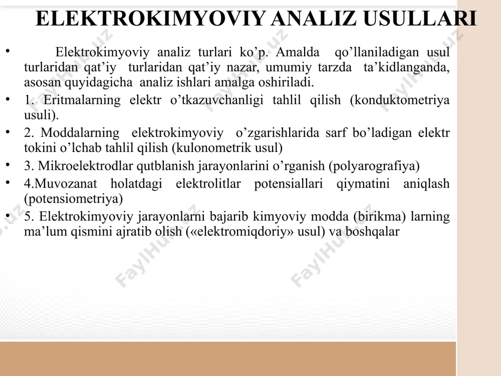 i - eritmaning elektr o'tkazuvchanligining qo'shilgan titrant hajmiga bog'liqligi. egri chiziqdagi uzilish ekvivalentlik nuqtasiga to'g'ri keladi. konduktometrik titrlashda reaksiyalar turlari kislota-asos redoks, yog'ingarchilik reaktsiyalari, murakkab shakllanish reaktsiyalari. a - kuchli kislota eritmasini ishqor eritmasi bilan titrlash; b - titrlangan modda va titrantning elektr o'tkazuvchanligi past bo'lgan ionlari bor; c - titrlangan moddaning elektr o'tkazuvchanligi titrantning elektr o'tkazuvchanligidan katta; d - titrlangan moddaning elektr o'tkazuvchanligi titrant ionlarining elektr o'tkazuvchanligidan kam. konduktometrik titrlash egri chiziqlari to'g'ridan-to'g'ri konduktometriyani qo'llash to'g'ridan-to'g'ri kondüktometriya quyidagilar uchun qo'llaniladi: kam eriydigan elektrolitlarning eruvchanligini aniqlash; distillangan suv va suyuq oziq-ovqat mahsulotlari (sut, ichimliklar va boshqalar) sifatini nazorat qilish; mineral, dengiz, daryo suvlari, tuproq eritmalaridagi umumiy tuz miqdorini aniqlash; tuproq, don va boshqa ob'ektlarning namligini aniqlash. konduktometriyaning afzalliklari va kamchiliklari + - yuqori sezuvchanlik - belgilangan tarkibning pastki chegarasi 10-4 - 10-5 mol / l usullarning soddaligi, jihozlarning mavjudligi bulutli, rangli, shaffof bo'lmagan eritmalarni titrlash qobiliyati aniqlash xatosi 0,1 dan …