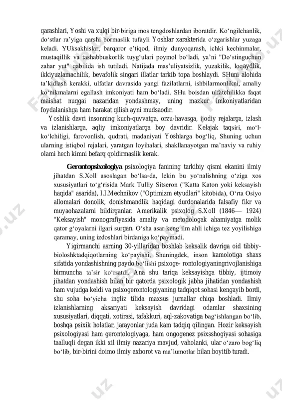 iga, qisqa muddatli ko‘rish xotirasi yoki mustahkamlanishi namoyon bo‘ladi: 22—25 yoshlarda ikki xil omillar doirasi vujudga keladi va ular mnemologik (xotira, tafakkur) va atgensional (diqqat xususiyati va xossasining) majmuasidan iborat bo‘ladi. yoshlikdavrida yigit-qizlar kamolotigauchta muhim psixoloshk mexanizm, ya’ni mehnat jamoasi, oila mikromuhiti va norasmiy ulfatlar ta’sir ko‘rsatadi. masalan, mehnat jamoasidagi psixologik muhit, ma’naviyat olami, barqaror maslak, ijtimoiy ong, ijtimoiy qadriyatlar, muayyan an’analar va odatlar yansh a’zoning xarakgerida ijobiy yoki salbiy o‘zgarishni vujudga keltirishi mumkin. mazkur ta’sir natijasida asga-sekin umuminsoniy fazilatlar tarkib topishi yoki muayyan shaxsiy nuqgai nazar yo‘qolishi mumkin. mehnat jamoasit yanga qo‘shilgan a’zo unda o‘z o‘rni va qadr-qimmatini kdror toptirish uchun bir qator yon berishga, o‘z maslagidan sal bo‘lsa-da chetlashishga majbur bo‘ladi. bu yo‘l jamoadagi psixologik muhitga moslashishi maqsadida ichki ruhiy ziddiyatlarga, murakkab kechinmalarga, unsiz tug‘yonga qarshi quyilgan qadam hisoblanadi. shuning uchun yakka shaxs xarakgerini shakllantiruvchi yoki uning mustaxqam ichki rishtalarini emiruvchi omil mehnat jamoasidagi ijgimoiy fikrdir. jamoaga bo‘ysunish …