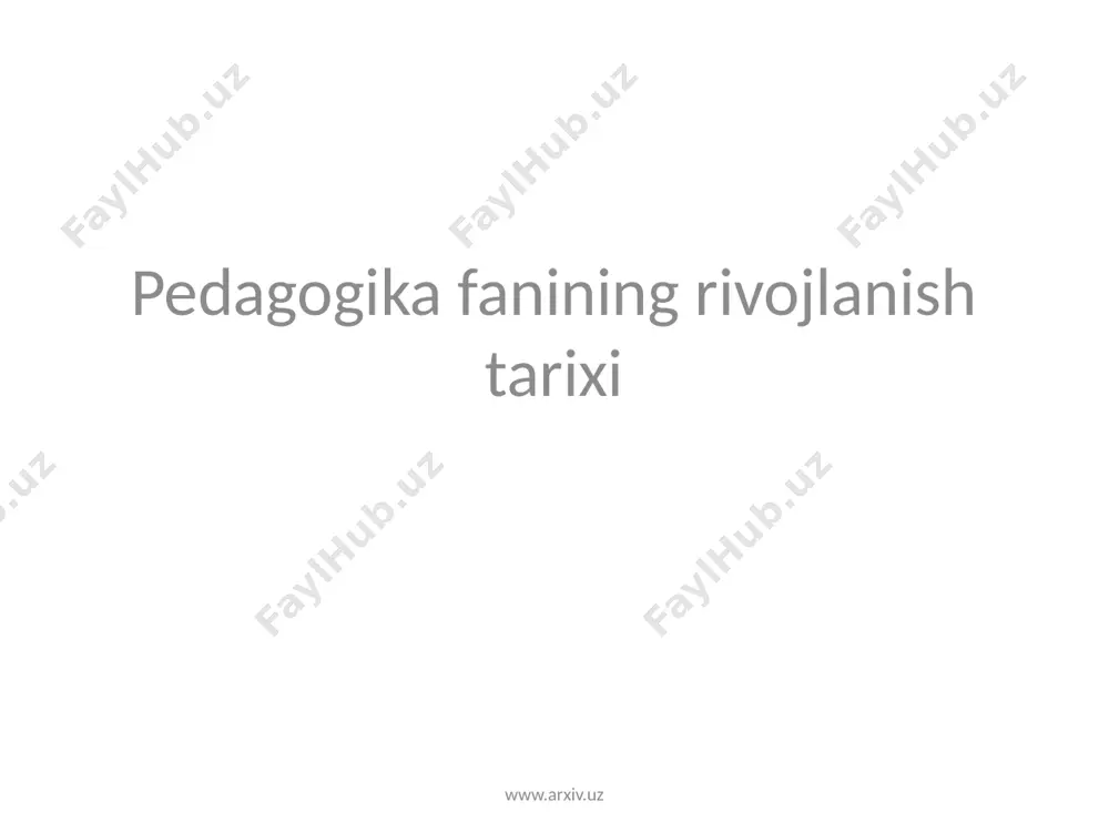 a, pedagoglik madaniyatining ortishiga imkon beradi. pedagogika tarixi jamiyat taraqqiyoti qonunlariga suyangan holda turli pedagogik nazariyalarni, ta’lim-tarbiyaning mazmuni va metodlarini o’rgatadi. o’tmishning pedagogik sistemalarida bo’lgan ilg’or va progressiv fikrlarning hammasidan ijodiy foydalanadi. www.arxiv.uz pedagogika tarixan ijtimoiy fandir. u tarixiy pedagogika xodisalariga davr talabi asosida yondoshadi, tarbiya nazariyasi va amaliyotini turli bosqichlarda xilma-xil bo’lganligini ochib beradi, ilg’or qarashlarning taraqqiyot yo’lini ko’rsatib beradi. www.arxiv.uz pedagogika tarixi fani quyidagi fanlar bilan uzviy aloqadadir: 1.pedagogika 2.psixologiya 3.madaniyat tarixi 4.o’zbekiston tarixi 5.jahon xalqlari tarixi 6.falsafa 7.etnografiya 8.arxeologiya 9.ahloqshunoslik www.arxiv.uz biz pedagogika tarixi fanini o’rganish va tahlil qilishda : 1.qadimgi yozuvlar, 2.bitiklar, 3.qo’lyozma yodgorliklari, 4.sharq mutafakkirlarining ilmiy – ma’naviy me’rosi, xalq og’zaki ijodi, 5. muqaddas kitoblar, 6. pandnomalar, 7.dasturlar, 8.o’quv qullanmalari va darsliklar, 9.xalq maorifi masalalariga oid materiallar, matbuot materiallari, 10. prezident islom karimovning ta’lim-tarbiyaga, oir asarlariga asoslanamiz. www.arxiv.uz 10 www.arxiv.uz eramizdan oldingi ming yillik o’rtalarida oromiy, aleksandr makedonskiy istilosidan so’ng esa yunon, shuningdek, forsiy mixxat …