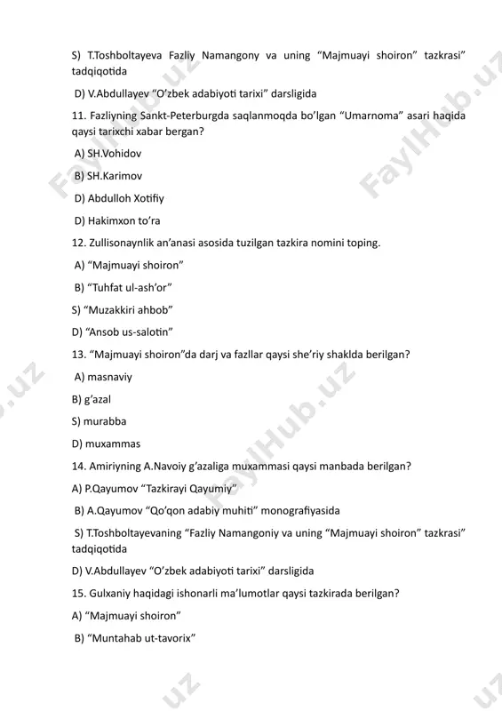 fi noma’lum b) xusrav dehlaviy c) bedpoy d) kashiram das 22. “zarbulmasal”da keltirilgan “maymun bilan najjor” hikoyasi kim tomonidan so’zlab berilgan? a) ko’rqush b) yapaloqqush c) hudhud d) boyo’g’li 23. “zarbulmasal”da keltirilgan “tuya bilan bo’taloq” hikoyasi kimga so’zlab berilgan? a) ko’rqush b) yapaloqqush c) hudhud d) boyo’g’li 24. “eshak o’yini qirq yilda” degan ibora qaysi hikoyatdan olingan? a) “toshbaqa bilan chayon” b) ”maymun bilan najjor” c) ”kabutar bilan zog’” d) ”tuya bilan bo’taloq” 25. “zarbulmasal”da gunashbonuning qalini uchun mahrga nechta shahar va qishloqdagi chordevorlar berildi? a) 26ta b) 25ta c) 22ta d) 23 ta