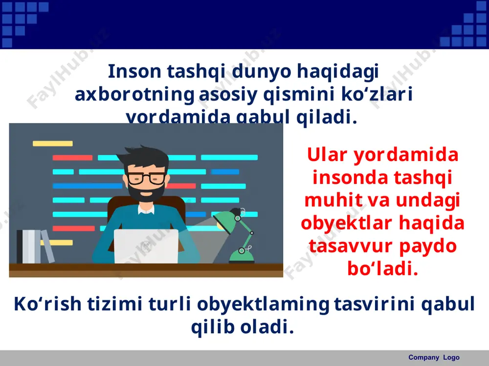 sellarning har biri alohida manzilga ega va mustaqil boshqarilishi mumkin. company logo har bir piksel uchun xotirada bir baytdan to‘rt baytgacha joy ajratilishi mumkin. demak, har bir piksel 256 tadan 4 milliardgacha bo‘lgan ranglardan birida bo‘lishi mumkin. ekrandagi har bir pikselning o‘zi uchga bo‘linadi. company logo bu ranglar asosiy ranglar deb ataladi va turli nisbatda qo‘shilib, tabiatda uchraydigan ranglarning deyarli barchasini yarata oladi. ulardan biri qizil, ikkinchisi yashil, uchinchisi ko‘k rangda porlaydi. kompyuter grafikasi faoliyatning shunday turiki, unda kompyuter va maxsus yaratilgan dasturlardan foydalanib, tasvirlar yaratiladi, mavjudlari raqamli ko‘rinishga o‘tkaziladi, qayta ishlanadi, saqlanadi va qulay ko‘rinishda tasvirlanadi. company logo multimedia mahsulotlari rasmlar va animatsiya bilan birga boshqa turdagi axborotlarni, masalan, ovoz va matnni ham o‘z ichiga oladi. company logo multimedianing o‘ziga xos jihati uning interfaolligi bo'lib, unda bir joydan ikkinchi joyga o'tish imkoniyati ko‘zda tutilgan bo‘ladi. savol va topshiriqlar 1. videokarta qanday vazifa bajarishini tushuntirib bering. 2. kompyuter ekranida tasvirlar …
