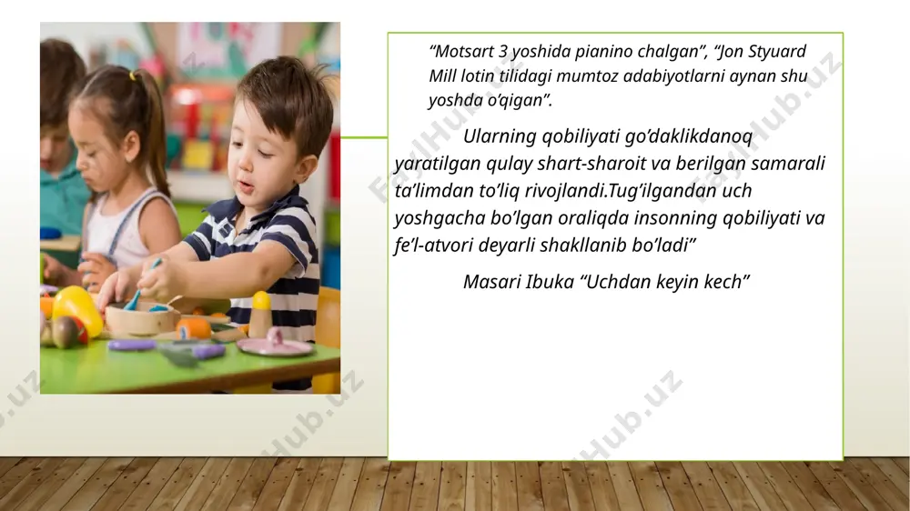 itobini nashr etadi, unda psixologik rivojlanishning sakkiz bosqichi ko'rsatadi: yosh mojaro muhim voqealar natija go'daklik (tug'ilgandan 18 oygacha) ishonch va ishonchsizlik oziqlantirish umid erta bolalik (2 yoshdan 3 yoshgacha) muxtoriyat va uyat va shubha hojatxonaga o'rgatish iroda maktabgacha ta'lim (3 yoshdan 5 yoshgacha) tashabbus va ayb qidiruv maqsad maktab yoshi (6 yoshdan 11 yoshgacha) sanoat va pastlik maktab ishonch o'smirlik (12 yoshdan 18 yoshgacha) identity vs. rol chalkashliklari ijtimoiy munosabatlar sadoqat yoshlik (19 yoshdan 40 yoshgacha) yaqinlik va izolyatsiya aloqalar sevgi o'rta kattalar (40 yoshdan 65 yoshgacha) generativlik va turg'unlik ish va ota-onalik g'amxo'rlik yetuklik (65 dan o'limgacha) ego integrity vs. umidsizlik hayot haqida mulohaza donolik e. g’. g’oziyev bo’yicha rivojlanish davrlari e.g’. g’oziyev bo’yicha:: 1. chaqaloqlik va go’daklik davri-tug’ilgandan bir yoshgacha; 2. ilk bolalik davri -1-3 yoshgacha. 3. maktabgacha yosh davri-3-6 yosh 4. kichik maktab yosh davri 6-10yosh 5. o’smirlik davri 6.ilk o’spirinlik davri 7.o’spirinlik davri 8. yoshlik davri …