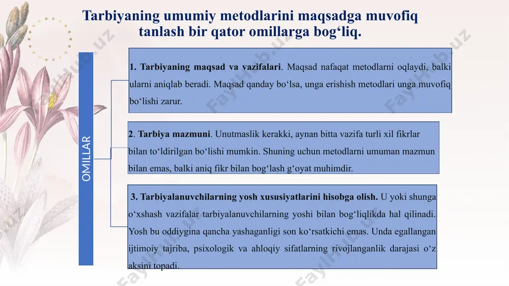 nidan amal qilinishi zarur bo‘lgan ijtimoiy xulq-atvor meyorlari. pedagogik talab tarbiyaning eng muhim usullaridan biridir. pedagogik talab ma’lum harakatlarni rag‘batlantiruvchi yoki to‘xtatuvchi hamda o‘quvchini oqilona harakatlarni bajarishga undovchi xarakterga ega bo‘lishi mumkin. faoliyatni rag’batlash va motivatsiyalash metodi rag’batlantirish – tarbiyalanuvchining xatti-harakati va faoliyatiga ijobiy baho berish asosida unga ishonch bildirish, ko‘ngilini ko‘tarish va uni qo‘llab-quvvatlash usulidir. o‘qituvchi har bir o‘quvchi shaxsida ro‘y berayotgan ijobiy o‘zgarishlarni anglash olishi zarur. tanbeh berish – eng muhim jazo chorasi. o‘qituvchi o‘quvchiga yuzma-yuz turib tanbeh beradi, buni kundaligiga yozib qo‘yish mumkin. uyaltirish – o‘quvchining ma’lum xatti-harakatlariga jamoa yoki uning tarbiya uchun mas’ul bo‘lgan subyektlar (ota-onalar, vasiylar, jamoatchilik vakillari va boshqalar) oldida baho berish. 1. axloqiy me’yorlar, motivlarni hosil qilishga, tasavvur, tushuncha, g‘oyalarni shakllantirishga ta’sir etuvchi. 2. xulq-atvorning u yoki bu turini aniqlaydigan odatlarni hosil qilishga ta’sir etuvchi. tarbiyalanuvchilarga ta’sir etishi natijalariga ko‘ra metodlarni ikki guruhga bo‘lish mumkin: tarbiyada ibrat-namuna ko‘rsatishning o‘rni farzandlarimizning kelajakda komil inson …