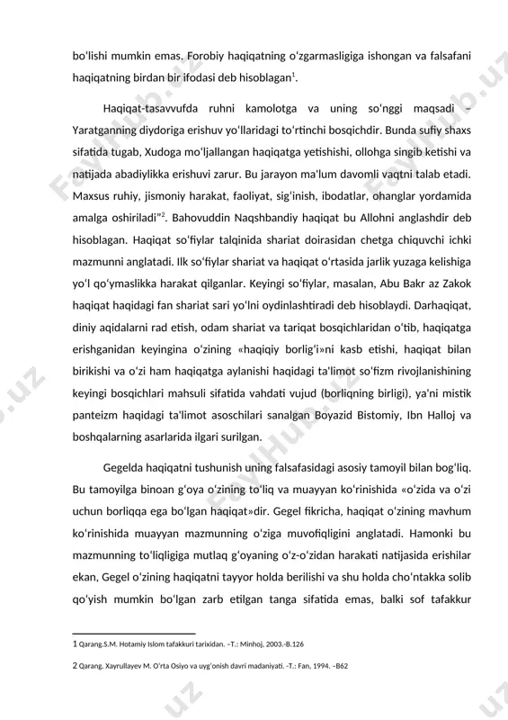 i mashhur tezisini ta'riflaydi: «...hamma gap haqiqiy narsani substansiya sifatida emas, balki shuningdek sub'ekt sifatida», ya'ni tafakkur faoliyati sifatida ham tushunish va ifodalashda . haqiqatni ob'ektiv-idealistik tushunishning o‘ziga xos xususiyati unga dunyoning ongda aks etish jarayoniga bog‘lamasdan qarash va uni insonning ob'ekt haqidagi bilimi xossasi sifatida emas, balki empirik borliqqa qo‘shimcha tarzda ob'ektivlashgan qandaydir vaqtdan tashqaridagi g‘oyaning xossalari sifatida talqin qilishda namoyon bo‘ladi. haqiqatni sub'ektiv idealistik tushunish esa inson bilimining xossalari va tarkibi bilan bog‘lanadi, biroq mazkur bilim unda tashqi, mustaqil dunyoning aks etishiga bog‘lanmaydi, chunki bunday dunyoning mavjudligi inkor etiladi. haqiqat «tafakkurning tejamkorligi» sifatida (max), foydali natijalarga erishish imkonini beruvchi jarayon, tafakkurimiz obrazidagi qulaylik sifatida (jeyms), inson tajribasining mafkuraviy ta'rifni tashkil etuvchi shakli sifatida (bogdanov) talqin qilinadi. idealizm falsafasi hal qila olmagan haqiqatni tushunib yetishdagi qiyinchiliklar shunga olib keldiki, faylasuflar insonga haqiqatni vahiy vositasida ochuvchi ta'limotni ilgari surdilar. bu yo‘nalish intuitivizm degan nom oldi. unga shopengauer asos soldi. u …