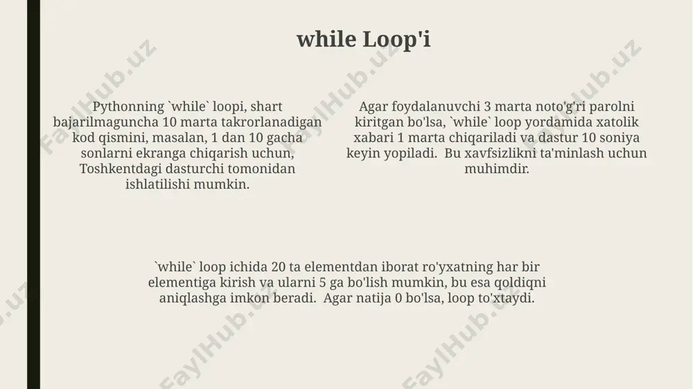 eratsiyani bajarishga imkon beradi. ushbu usul algoritmik murakkablikni kamaytiradi. python'da ikki xil asosiy loop operatori mavjud: 2 ta variantdan iborat `for` va shart bajarilguncha takrorlanadigan `while`, ular 1000 dan ortiq qatorli kodlarda ham samarali ishlaydi, masalan, toshkentdagi ma'lumotlar bazasini qayta ishlashda. loop'larda else bloki pythonning `for` yoki `while` loop'larida `else` bloki faqat loop 0 dan 10 gacha bo'lgan sonlarni tekshirishda to'liq bajarilganda, ya'ni `break` operatori ishlatilmasa, bajariladi. masalan, 5 raqami topilmasa, else blokida "5 topilmadi" degan xabar chiqadi. loopning `else` bloki, 100 ta elementli massivda ma'lum bir elementni qidirishda, element topilmasa, xatolik xabarini yoki boshqa biror harakatni amalga oshirish uchun 2-qadam sifatida ishlatilishi mumkin. bu esa, dasturning ishonchliligini oshiradi. agar loop ichida `break` operatori qo'llanilsa, masalan, 7 raqami qidiruv jarayonida topilsa, loopning `else` bloki butunlay e'tiborsiz qoldiriladi va 25 ta elementdan iborat ro'yxatni qayta ishlash to'xtaydi. bu esa, toshkentdagi dasturchi uchun muhim bo'lishi mumkin. zip() funktsiyasi zip() funksiyasi ikki yoki …