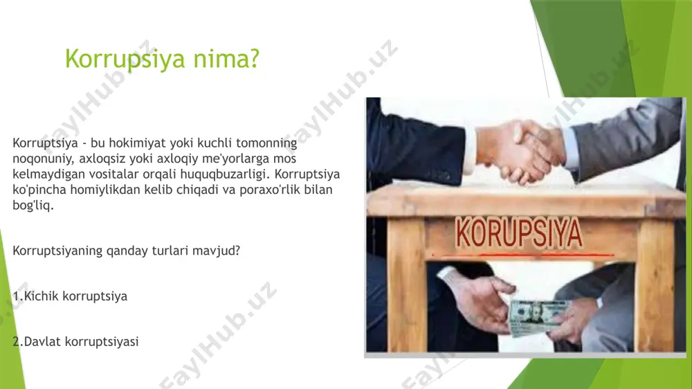 samarali sud tizimi va erkin matbuot bilan birgalikda korruptsiya tahdidiga qarshi kurashish uchun ideal muhit yaratadi. xulosa ⚫️ korrupsiya, biz bilganimizdek, ma'lum bir lavozimdagi shaxs tomonidan, ayniqsa salbiy ma'noda sodir bo'ladigan jinoiy ish bo'lib, ular o'zlariga foyda keltirish uchun noqonuniy ishlarni qiladilar. ⚫️ biz korruptsiyani 2 toifaga ajratishimiz mumkin. birinchisi, mayda korrupsiya, bu korruptsiyaning bir turi bo'lib, bunda ba'zi odamlar ozgina darajada korruptsiya qilishadi, lekin ular buni ko'p marta qilishadi. korruptsiyaning boshqa holatlari davlat tomonidan qo'lga olinishi xususiy manfaatlar davlatning muayyan funktsiyalarini samarali o'z zimmasiga olgan vaziyatni nazarda tutadi, bu korruptsiyaning odatda jamoatchilik yoki ommaviy axborot vositalari tomonidan kam tushuniladigan turi. xulosa demak, korrupsiya biz qila olmaydigan noqonuniy ish, chunki korrupsiyasiz mamlakatimiz uchun yaxshi avlod bo'lishimiz mumkin. shunda biz mamlakatimizni korrupsiyadan tozalab, mamlakatimizni yanada yaxshilay olamiz. etiboringiz uchun rahmat image1.png image2.png image3.png image4.png image5.png image6.png image7.png image8.png image9.png image10.png image11.png /docprops/thumbnail.jpeg
