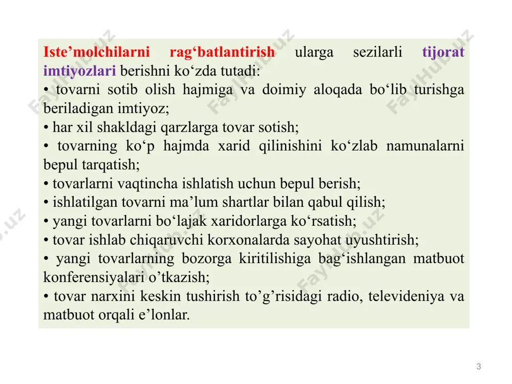 in. kommunikatsiya elementlari: bo’lajak iste’molchi quyidagi axborotlarni olishi shart: • tovarning borligi va sotilish joyi; • qaysi ehtiyojlarni qondirishga qaratilganligi; • iste’mol qiymatining asosiy ko‘rsatkichlari; • xaridorlarni qoniqtirmay qolgan holda ularning himoya qilish kafolatlari. 8 to‘g‘ri marketing - bu marketingning dialogik tizimidir, ya’ni sotuvchi xaridor bilan suhbatlashib, oxiri xaridorni buyurtma borligiga ishontiradi. to’g’ri marketingning afzallik tomoni shundaki, siz o'z xizmatingiz natijasini o‘z ko‘zingiz bilan ko‘rishingiz mumkin. telemarketing - bu to’g’ri marketingning bir shakli bo‘lib, bunda mijoz bilan telefon orqali muloqot qilish tushuniladi. telemarketingdan foydalanganda telefon qilish vaqtini to‘g‘ri tanlash kerak. mutaxassislaming fikricha, eng optimal vaqt kunduzi soat 10 dan keyin va tushdan keyin soat 14-17 hisoblanadi. treyd marketingi - bu sotishni rag‘batlantirish bo'yicha tadbirlar uyushtirish orqali savdo hajmini oshirishga imkon beradigan marketing sohasi. treyd marketingi - bu savdo hajmini oshirishga qaratilgan faoliyat majmui hisoblanadi. treyd marketingi savdoni oshirishdan tashqari, uning uzoq muddatli maqsadi - kompaniya, mahsulot yoki brendga bo‘lgan sadoqatni …