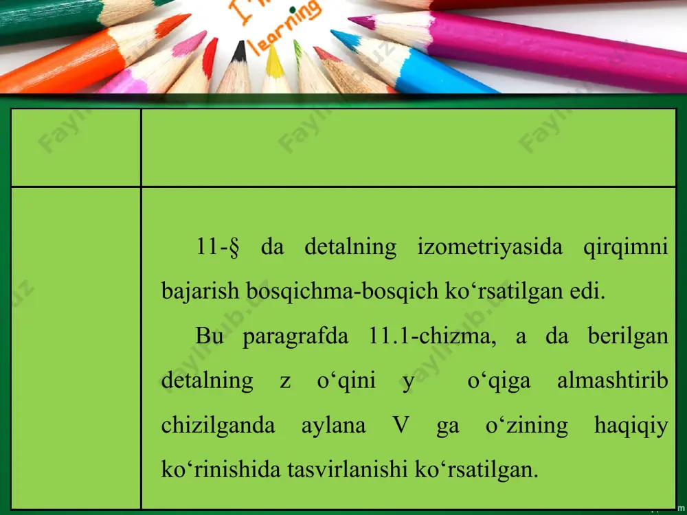 a (bosh va chapdan) chizilishi mumkin. shunda silindrning ostki asosini plita bilan mustahkam bog‘lovchi qovurg‘alarni kesim orqali, silindrni esa proﬁ l qirqim orqali ko‘rsatish qulay hisoblanadi. 1. eskiz chizish shartiga muvoﬁ q ko‘rinish o‘rnilari to‘g‘ri to‘rtburchaklarda belgilab olinadi hamda detal asosi va silindrik qismi, qovurg‘alarchizib chiqiladi (13.2-chizma, a). 2. detal konturi aniqlab olinadi va proﬁl qirqim hamda kesim bajariladi (13.2-chizma, b). 3. chizmalar o‘lchamlari aslidan o‘lchab olinadi. bu yerda detalning asli bo‘lmaganligi uchun o‘lcham chiziqlariga uning son qiymatlari qo‘yilmadi (13.2-chizma, c). yoki ushbu detal eskizini uchta ko‘rinishda chizib, qovurg‘alarning o‘zaro joylashishini ustdan ko‘rinishida a–a qirqim orqali tasvirlash mumkin. shunda detalning asosi – plitaning shakli ham to‘liq ko‘rin gan bo‘ladi (13.3-chizma).