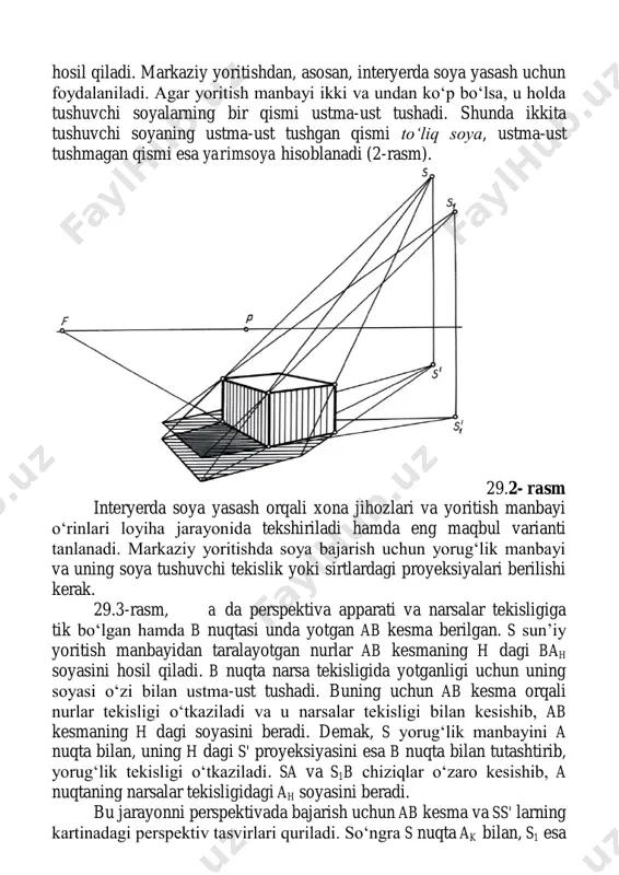 rish uchun yorug‘lik manbayi va uning soya tushuvchi tekislik yoki sirtlardagi proyeksiyalari berilishi kerak. 29.3-rasm, a da perspektiva apparati va narsalar tekisligiga tik bo‘lgan hamda b nuqtasi unda yotgan ab kesma berilgan. s sun’iy yoritish manbayidan taralayotgan nurlar ab kesmaning h dagi bah soyasini hosil qiladi. b nuqta narsa tekisligida yotganligi uchun uning soyasi o‘zi bilan ustma-ust tushadi. buning uchun ab kesma orqali nurlar tekisligi o‘tkaziladi va u narsalar tekisligi bilan kesishib, ab kesmaning h dagi soyasini beradi. demak, s yorug‘lik manbayini a nuqta bilan, uning h dagi s' proyeksiyasini esa b nuqta bilan tutashtirib, yorug‘lik tekisligi o‘tkaziladi. sa va s1b chiziqlar o‘zaro kesishib, a nuqtaning narsalar tekisligidagi ah soyasini beradi. bu jarayonni perspektivada bajarish uchun ab kesma va ss' larning kartinadagi perspektiv tasvirlari quriladi. so‘ngra s nuqta ak bilan, s1 esa bk bilan tutashtiriladi va ularning kesishgan nuqtasi akh belgilanadi. bkakh chiziq akbk kesmaning soyasi bo‘ladi. 29.3-rasm, b da …