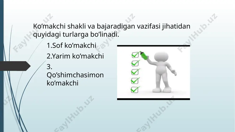 bilan yigitning alohida-alohida o'ynagani ma'nosi ifodalanadi. [va], [ham] bog'lovchilari uyushib kelgan fe'l kesimni bog'laydi, ammo [bi/an] da bu imkoniyat chegaralangan. qiyoslang: lola ishlaydi va 0 'qiydi. lola ishlaydi ham 0 'qiydi. ammo lola ishlaydi bilall 0 'qiydi tarzidagi gap nutqda ishlatilmaydi. [bi/an] ning grammatik vazifasi - bog'lovchi va ko'makchi vazifasida kela olishi; shunga ko'ra, [bi/an] boshqa ko'makchidan farqlanadi. shuning uchun [bilan] ko'makchisini ko'makchi-bog'lovchi termini bilan ataganimizda, uning barcha xususiyati qamrab olinadi. bu ko'makchi turi gapda vosita ma'nosini bildirganda to'ldiruvchi, sabab, payt, harakatning bajarilish tarzini bildirganda hot vazifasida keladi. [uchun] ko'makchisi «atalganlik» (yo 'lchi uchuli keltirgan tugunchak yodiga tushdi (oyb.», «maqsad» (hamma xalq ochdan o'lmaslik uchull bir amal-taqal qilib turibdi (oyb.», «sabab» (kampirning ahmoqligi yo dushmaningizning ig'vosi uchull shundoq deyishga qandoq tifingiz bordi? (a.qah.», «evaz» (e'tiboringiz uchun rahmat) kabi ma'noda qo'llanib, to'ldiruvchi, maqsad, sabab holi vazifasida keladi. [kabl]' [singari], [yanglig1 ko'makchisi bir narsani boshqa narsaga o'xshatish, chog'ishtirish ma'nosini anglatadi. masalan, ukam …