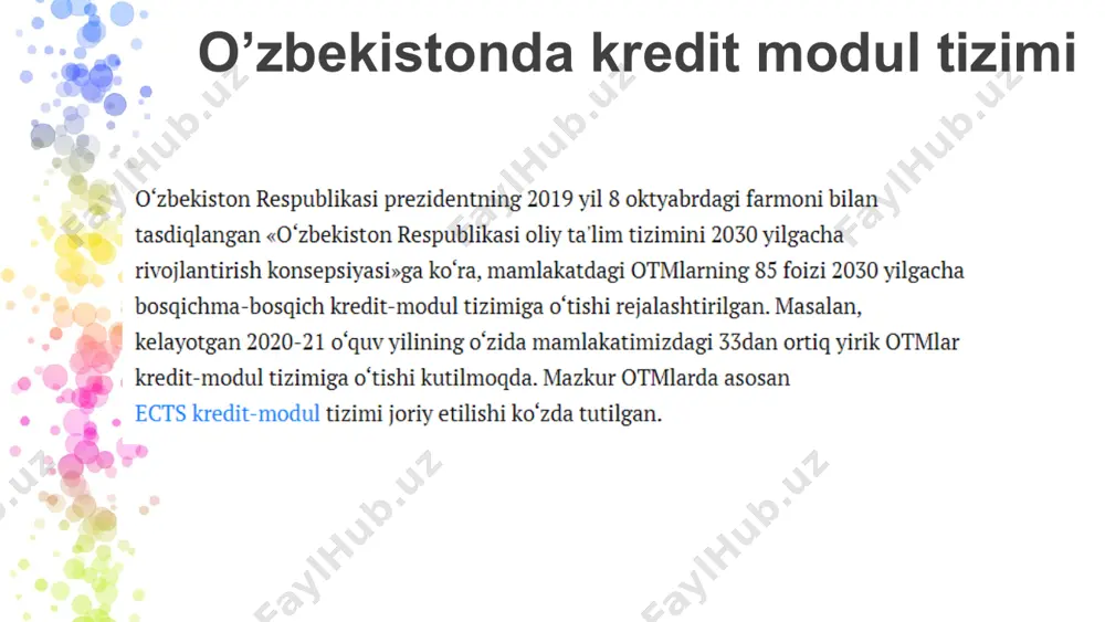 -kutmoqda kreditlarni olish uchun talablar talaba ushbu fan bo‘yicha belgilangan miqdordagi kreditlarni masalan (8 kredit) qo‘lga kiritish uchun semestr davomida 240 soatlik o‘qish yuklamasini bajarishi kerak bo‘ladi. shundan 120 soat auditoriya mashg’uloti (dars vaqti), 120 soat mustaqil ta’lim (uyda va kutubxonada mustaqil o‘qish) soati hisoblanadi. 1 kredit uchun belgilangan 30 soatlik o‘qish yuklamasi bu fanni o‘rganish uchun sarflanadigan jami harakatlar jamlanmasi bo‘lib, unga nafaqat dars vaqti, balki talabaning fanni o‘rganish uchun uyda va kutubxonada sarflagan vaqti, imtihonlar vaqti, umuman olganda talaba ushbu fanni o‘zlashtirish uchun sarflagan barcha tizimli harakatlari vaqtini qamrab oladi. kreditlarni olish uchun talablar agar talaba o’rganayotgan fanning o’zlashtirish ko’rsatgichi 60% (3.00 baho) dan past bo’lgan taqdirda, fan uchun ajratilgan kreditlar miqdorini to’plamaganligi sababli akademik qarzdor talaba hisoblanadi. shuningdek, bir fanga ajratilgan auditoriya soatining 25 foizini va undan ortiq soatni sababsiz qoldirgan talaba ushbu fandan chetlashtirilib, yakuniy nazoratga kiritilmaydi hamda mazkur fan bo‘yicha tegishli kreditlarni o‘zlashtirmagan hisoblanadi. yakuniy …