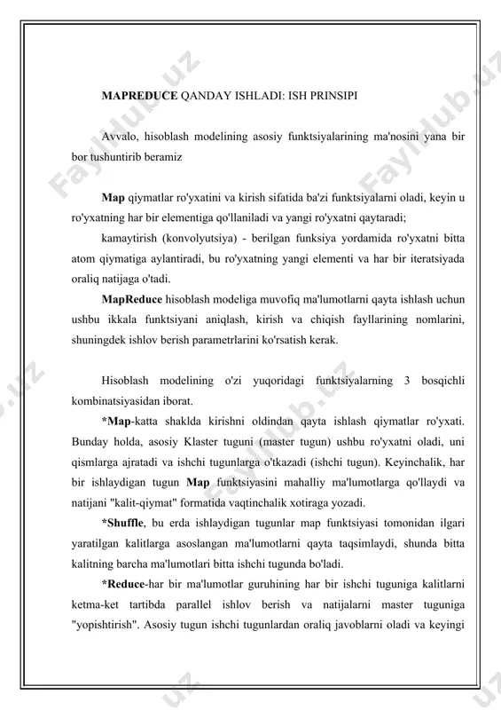 ernativalari: avvalo, apache hadoop v1.0-da amalga oshirilgan mapreduce ramkasining birinchi versiyasi quyidagi cheklovlar bilan tavsiflanganligini ta'kidlaymiz *apache hadoop klasterining kengayish chegarasi: 4k dan ortiq hisoblash tugunlari va taxminan 40k parallel ish joylari; *kuchli bog'liqlik tarqatilgan algoritmni amalga oshiradigan tarqatilgan hisoblash va mijoz kutubxonalari doirasi; *bitta nosozlik nuqtalarining mavjudligi va yuqori ishonchlilik talablari bo'lgan muhitda foydalanishning mumkin emasligi; versiya muvofiqligi muammolari: *hadoop platformasini yangilashda (yangi versiya yoki xizmat paketini o'rnatish) barcha klaster hisoblash tugunlarini bir martalik yangilash zarurati. ushbu cheklovlar 2012 yilda chiqarilgan mapreduce 2.0 ning yangi versiyasida resurs menejeri (resourcemanager) va applicationmaster dastur koordinatori rejalashtiruvchisi va arn (another resource negotiator) ning paydo bo'lishi bilan bartaraf etildi. ushbu tarqatilgan dasturlarni bajarish uchun dasturiy ta'minot doirasi har xil turdagi tarqatilgan dasturlarni ishlab chiqish uchun komponentlar va api-larni taqdim etadi, bu esa bajariladigan dasturlarning so'rovlariga javoban resurslarni taqsimlashni va ularning bajarilish holatini kuzatish uchun javobgarlikni ta'minlaydi. shunga qaramay, ushbu yangiliklar ushbu hisoblash modelining …