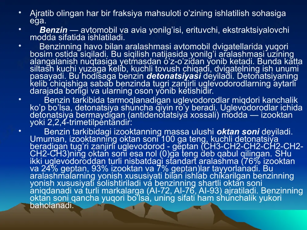 sababli bu jarayon neftni aromatlash ham deyiladi. termik kreking katalitik kreking uglevodorod molekulalarining par-chalanishi ancha yuqori temperaturada (470—550°s) boradi. jarayon sekin sodir bo’ladi, uglerod atomlari tarmoqlanmagan zanjirli uglevodorod­lar hosil bo’ladi. termik kreking jarayonida olingan benzinda to’yingan uglevodorodlar bilan bir qatorda ko’pgina to’yinmagan uglevodo-rodlar bo’ladi. shuning uchun bu benzin turri haydab olingan benzinga qaraganda detonatsiyaga chidamli. termik kreking benzinda oson oksidlanadigan va polimerlanadigan to’yinmagan uglevodorodlar ko’p bo’ladi. shuning uchun bu benzin uzoq saqlanmaydi. u yonganda dvigatelning turli qismlari buzilib qoladi. bu zararli ta’sirni bartaraf etish uchun bunday benzinga antioksidlovchilar qo’shiladi. katalitik kreking uglevodorod molekulalarining parchalanishi katalizator ishtirokida va ancha yuqori temperatura (450—500°s) da boradi. termik krekingga nisbatan jarayon ancha tez boradi. bunda nafaqat uglevodorod molekulalarining parchalanishi, balki ularning izomerlanishi ham sodir bo’ladi, yani ugle­rod atomlari tarmoqlangan zanjirli uglevodorodlar hosil bo’ladi. katalitik kreking benzinning deto­natsiyaga chidamliligi termik benzinga qaraganda yanada katta, chunki unda tar­moqlangan zanjirli uglevodorodlar bo’ladi. katalitik kreking benzinda tuyin­magan uglevodorodlar …