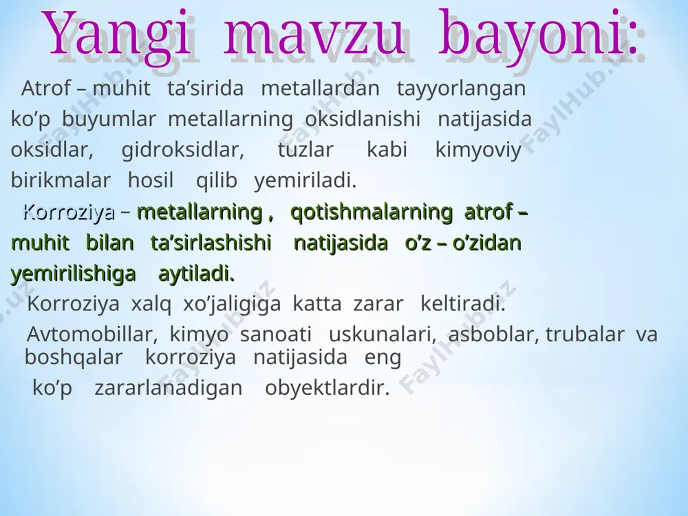 shqalardagi korroziyadan metallarni himoya qilishda qo’llaniladi. ingibitorlarning himoyalash xususiyati ularning metall sirtiga adsorbsiyalanib, katod va anod jarayonlarni sekinlashtirilishi bilan bog’liqdir. * elektrokimyoviy himoya – himoya qilinuvchi inshoat doimiy tok manbaisi katodiga ulanadi. natijada inshoatning o’zi katodga aylanadi. bu esa katod himoyasi deyiladi. bunda anod sifatida lom ishlatiladi va u korroziyaga uchrab himoyala – nuvchi buyumni korroziyalanishdan saqlaydi. muhitga ingibitorlar qo’shib – uchuvchan ingibitorlarni qog’ozga shimdirib metall o’raladi. masalan: mashinalar ehtiuot qismlari ya’ni zapchastlar. bunda ingibitorni bug’i metall sirtiga yutilib himoya parda hosil qiladi. ingibitorlarni ko’pchiligi organik moddalar, lekin anargonik ingibitorlar ham bor. ularga, nitratlar, xromatlar, fosfatlar, silikatlar va boshqalar kiradi. * hozirgi vaqtda nafaqat yangi himoya usullari balki, metallarni almashtirish imkonini beruvchi plastmassalar, kislataga chidamli sement va boshqalar ham yaratimoqda va kimyoviy barqaror materiallardan foydalanishga o’tilmoqda. qaysi sohada bo’lmasin, buyumlarimizni, inshoatlarimizdni, materiallarimizni, jamiyki katta jihozdan tortib kichik ignamizgacha korroziyadan saqlashimiz lozim, zero bu buyum va jihozlar biz uchun zarurdir. ularni …