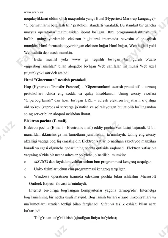 anish uchun tarmoq simlarining zaruriyati bo`lmaydi. bu bog`lanish radio-antenalar yordamida amalga oshiriladi. slip va rrr orqali boglanish slip va rrr oddiy telefon tarmoqlarida standart modem yordamida ishlovchi internet programma ta`minotidir. slip (serial line internet protocol) va rrr (point to point protocol)da siz oddiy telefon tarmog`ida ishlaysiz. slip va rrr ning yutug`i shundaki, ular internetga to`g`ridan-to`g`ri kirishga imkon beradi. slip bu oddiy telefon tarmog`i va modemdan foydalanadigan internet protokolidir. rrr bu slip ga o`xshash va undan keyinroq yaratilgan protokoldir, lekin uning imkoniyati ko`proq, shuning uchun undan ko`proq foydalaniladi. chaqiruv bo`yicha bog`lanish. «chaqiruv» bo`yicha bog`lanish (dial-up access, dial-up). bunda foydalanuvchi mantiqiy nom (login) na parol yordamida internetga to`g`ridan-to`g`ri kirib ishlash imkoniga ega bo`ladi. bunda odatda bir tarmoqdan bir necha foydalanuvchi foydalanadi va shuning uchun tarmoqning tezligi sustroq bo`ladi. bu usuldan xonadonlarda foydalanish ham qulaydir. "chaqiruv" bo`yicha bog`lanishning sifatli usuli isdndir. isdn (integrared service digital network) - bu raqavli telefon tarmog`idir. isdn yordamida …