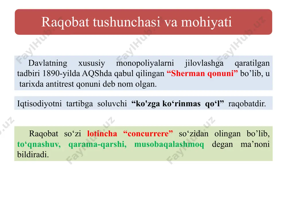 b-quvvatlash va rag‘batlantirishdir. raqobatning salbiy tomonlari raqobat bozorda muvozanatni yuzaga keltirishi yoki o‘zi uni buzib qo‘yishi mumkin. chunki talab va taklifning o'zgarishiga qarab narxlarning to‘xtovsiz o‘zgarib turishi bozordagi subyektlarning mavqelarini bir maromda saqlab turishlariga imkon bermaydi bozor raqobati tarixan 4 bosqichdan o‘tdi birinchi bosqich - bu natural xo‘jalikdan bozor iqtisodiyotining dastlabki shakllariga o‘tish bolib , bu davrda raqobat mayda tovar ishlab chiqaruvchilar ortasida boradi. ikkinchi bosqich - bu kapitalistik erkin raqobat bosqichidir. bu bosqich tovar xo'jaligining ommaviy tus olishi bilan, mayda tovar ishlab chiqarish o‘rniga yirik mashinalar tizimiga va yollangan mehnatga tayangan tovar ishlab chiqarishning kelishi bilan xarakterlanadi. uchinchi bosqich - bu monopol raqobat bosqichi bo‘lib ,u yakka hokimlikka intiluvchi yirik korxonalarning kurashidir. raqobat iqtisodning monopollashgan va monopollashmagan sohalarida alohida boradi, ammo bu sohalar o‘rtasida ham kurash ketadi. to‘rtinchi bosqich - yangicha erkin raqobat bosqichi bo‘lib , u aralash iqtisodiyotga xosdir. bu bosqichda raqobatchilar g‘oyat ko‘pchilik bo‘lib , ular yirik …