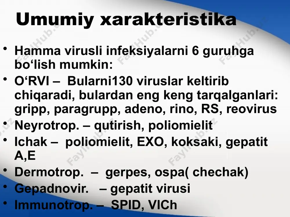 ing paydo bo‘lishi surunkali kasallik aktivlashadi. yengil, o‘rta, og‘ir, toksik, gipertoksik. laborator tashxisi teksh. mater. burun-xalqum syuqligi. (tamp., maz/otpech.). virusologik. -tovuq embr.yuqtirish, xuj.kul't. virusologik – bosma-surtma immunolyuminess. serologik. – rsk, ifa, psr. davolash ko‘p miqdorda suv ichirish oksolin. maz' grippga qarshi zardob γ – globulin α – interferon (3 tomchidan burunga). prep. remantadin. ab (ikkilamchi inf.) bolalar va qarilar temperaturani sun'iy pasaytirish tavsiya qilinmaydi remantadin homilador ayollarga va bolalarga mumkin emas eng yaxshi preperatlar = arbidol = a i v gripp virusiga ta'sir qiladi. immunomodulyator– interferon. profilaktikasi bemorlarni ajratish karantin maska taqish (8 kavat). intranaz.: α – interferon va oksolin. maz'. maxsus profilaktika uchun vaksinlar ishlatish: tirik attenuir. viruslardan –– burun bo‘shlig‘i. yoki ter ostiga inaktivas. selnovirion – «grippovak» ix intranaz i p/k. split vaksina – «gripol: - polimer + subedin. subvirion yoki kimyoviy. vaks. faqat h tutadi –samaradorligi yuqori gripp v virus tasnifi: morfologiyasida farq yo‘q h-antigenlarni saqlaydi, lekin …