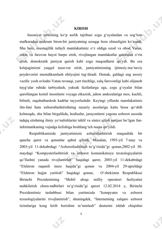 qabul qilindi. bu qarorlarning davomi sifatida o’zbekiston respublikasi “axborot erkinligi prinsiplari va kafolatlari to’g’risida” qonuni 2012-yil 12- dekabrda qabul qilindi. ushbu qonun 16 moddadan tashkil topgan bo’lib, unda ushbu qonunning asosiy vazifalari, axborot erkinligi prinsiplari va kafolatlari to'g'risidagi qonun hujjatlari, axborot erkinligining asosiy prinsiplari axborotning ochiqligi va oshkoraligi, axborotni olish tartibi, shaxsning, jamiyatning, davlatning axborot borasidagi xavfsizligi, shu kabi bir qator moddalarni o’z ichiga olgan. inson uchun axborotlarni to’plashda uning barcha sezgi organlari xizmat qilsa, uzoq masofadagi axborotlarni to’plash uchun bu esa yetarli emas, buning uchun maxsus texnik vositalar talab qilinadi. bugungi kunda ya’ni axborot asri bo’lmish xxi asrda o’zbekiston respublikasining butun dunyo orasida o’z mavqei, obro’-e’tiborga ega ekanligi quvonarli holdir. kurs ishining dolzarbligi: ushbu kurs ishi hozirgi kunda kompyuterda berilgan masalalarni dasturlash tillari orqali yechish va dasturda delegatlar, uning funksiyalari, maqsadli metodlarga murojaat va guruh delegatlari, delegatlar hamda uning tip va parametrlari mosligi tushunchalaridan foydalanish kabi vazifalarni o`rganishga olib …